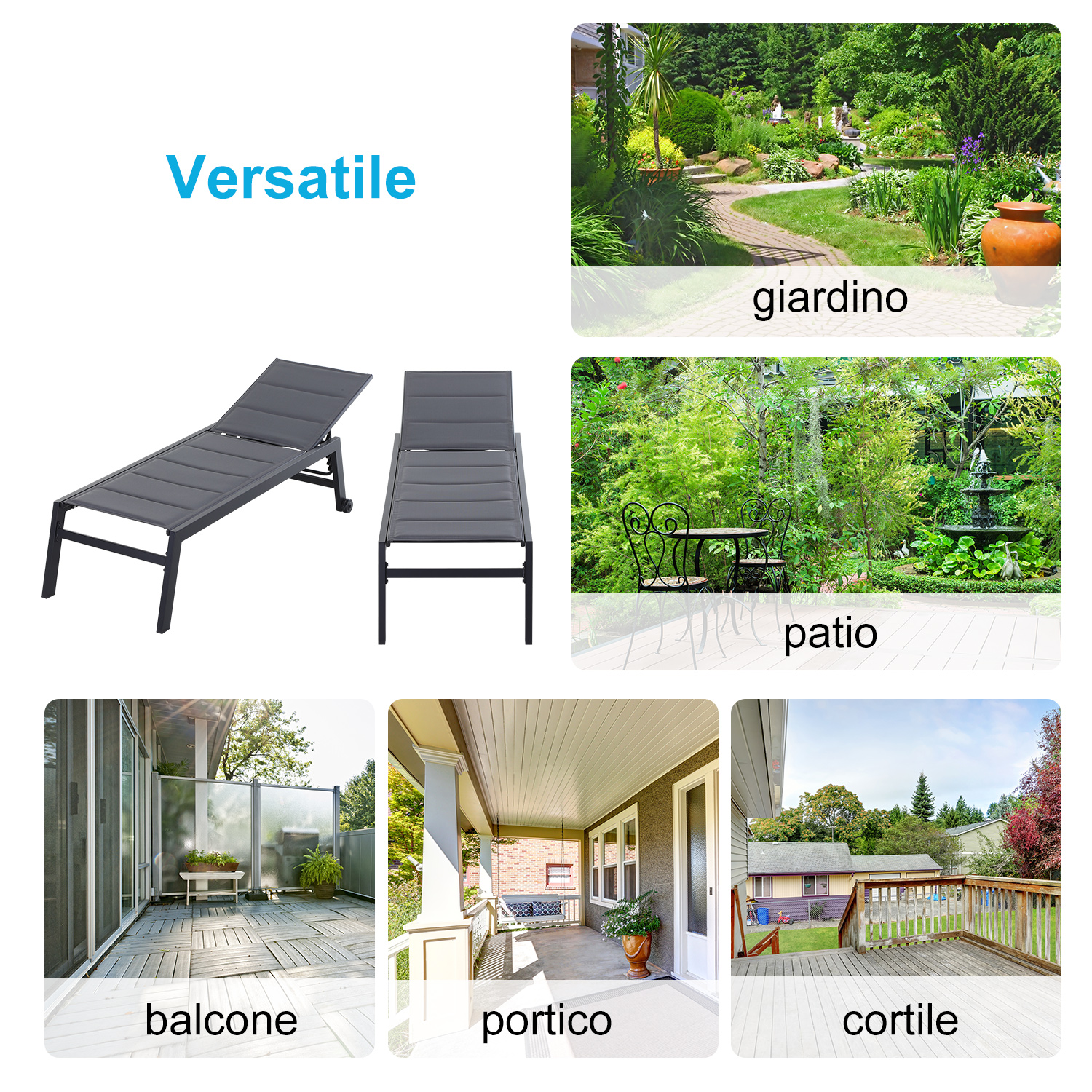 Lettino versatile e viste di giardino, patio, balcone, portico e cortile.