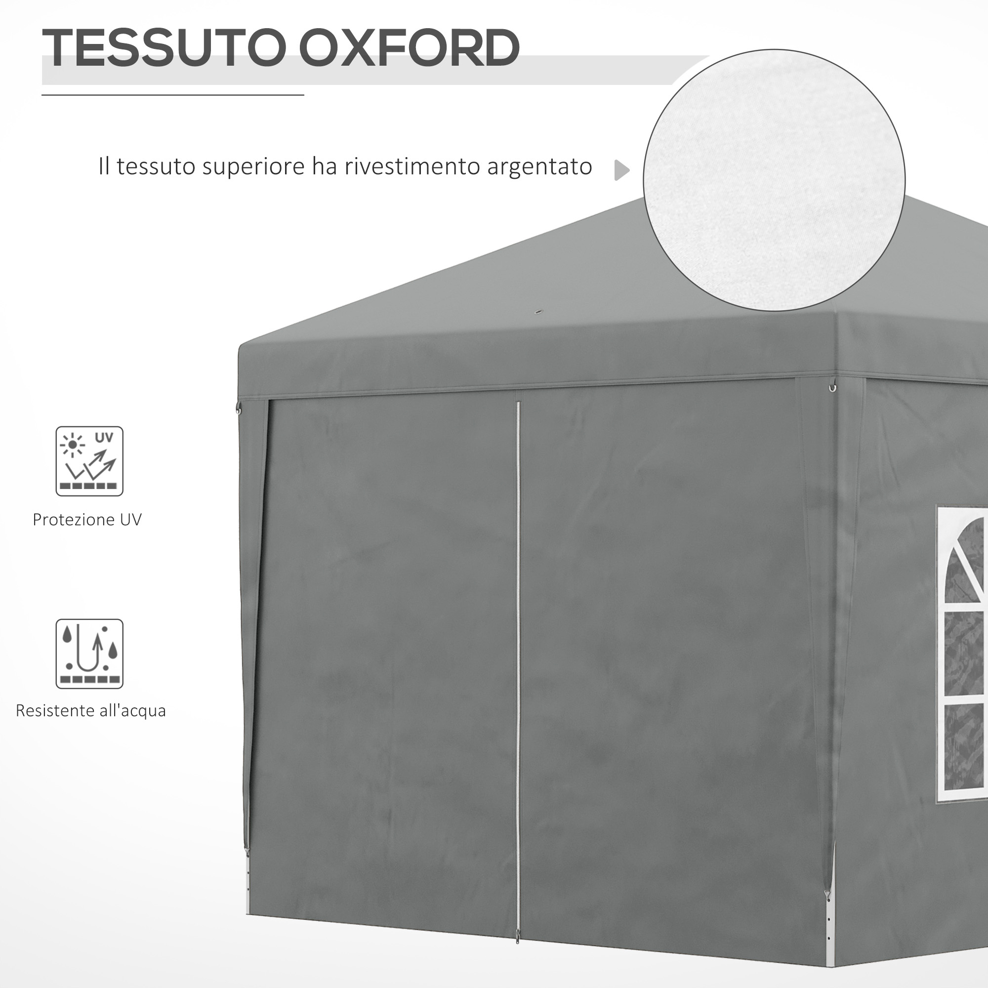 Tessuto Oxford grigio con rivestimento argentato, protezione UV e acqua.