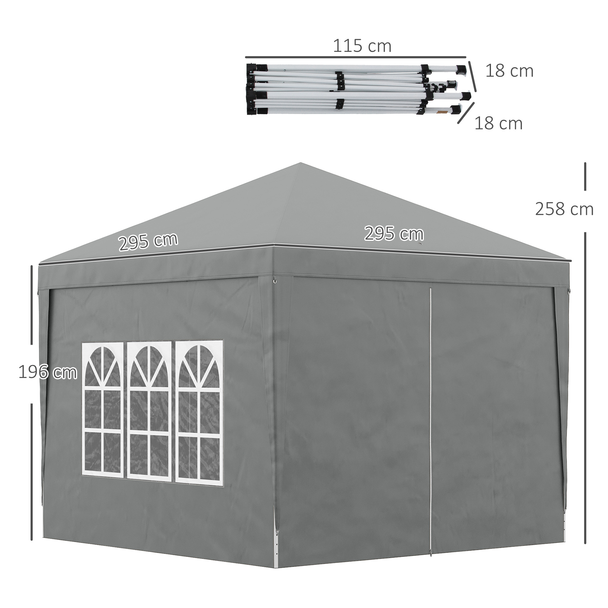 Tenda grigia con finestre e dimensioni. Telaio superiore mostrato.