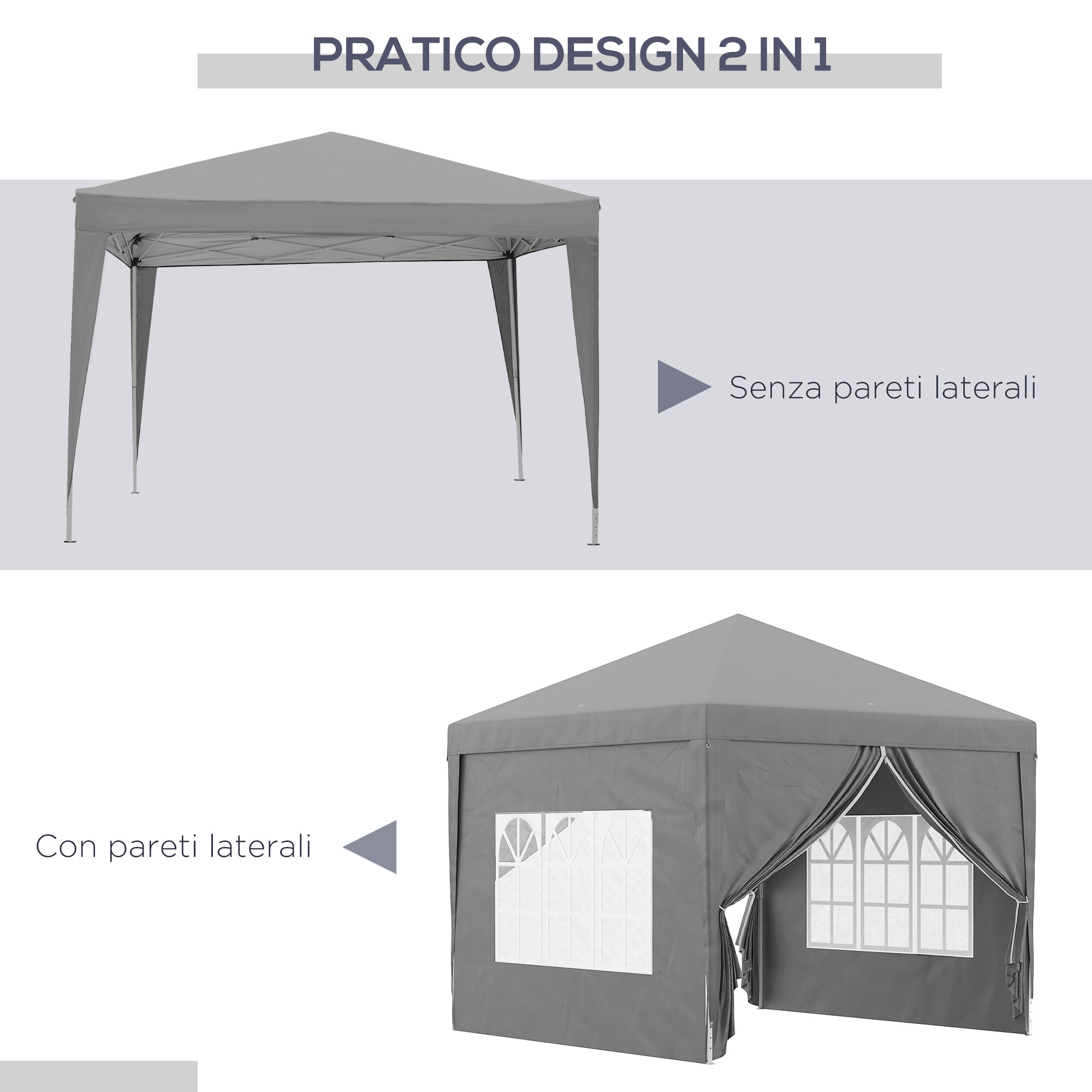Tenda grigia senza e con pareti laterali, una con finestre.