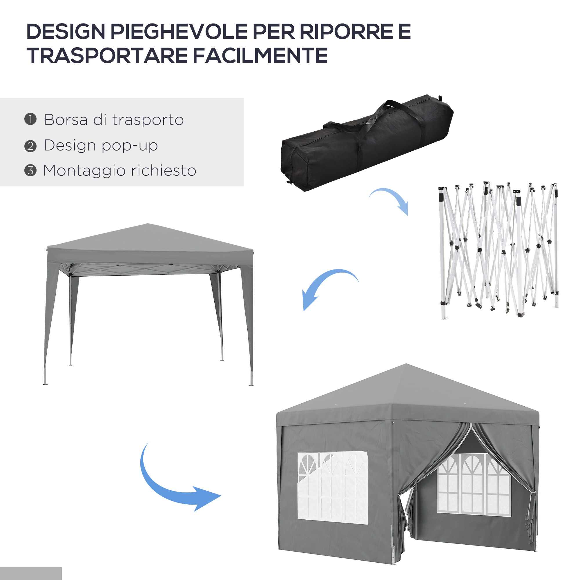 Tenda pop-up grigia con borsa e telaio pieghevole.