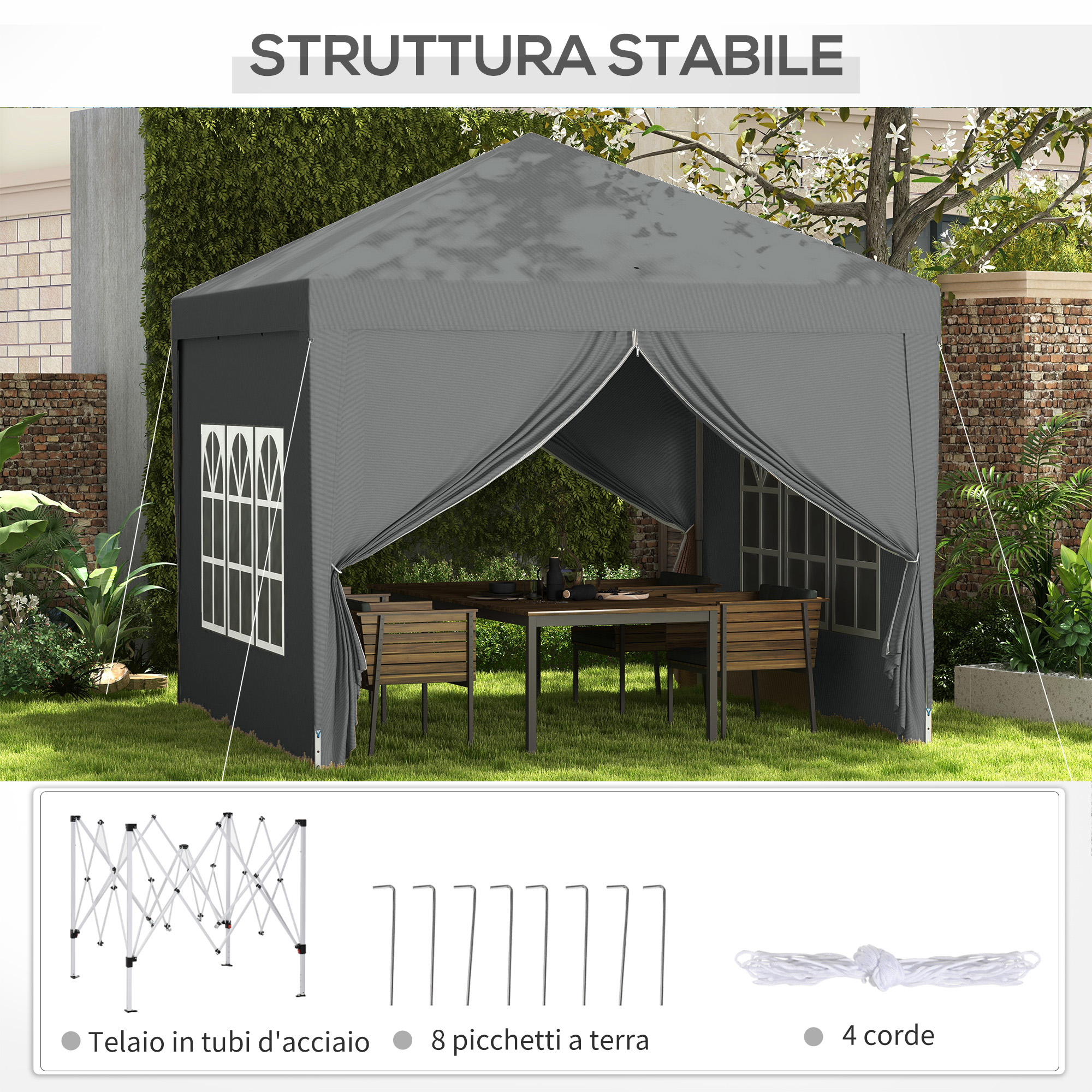 Un gazebo grigio con tavolo e sedie in giardino. Sotto telaio, picchetti e corde.