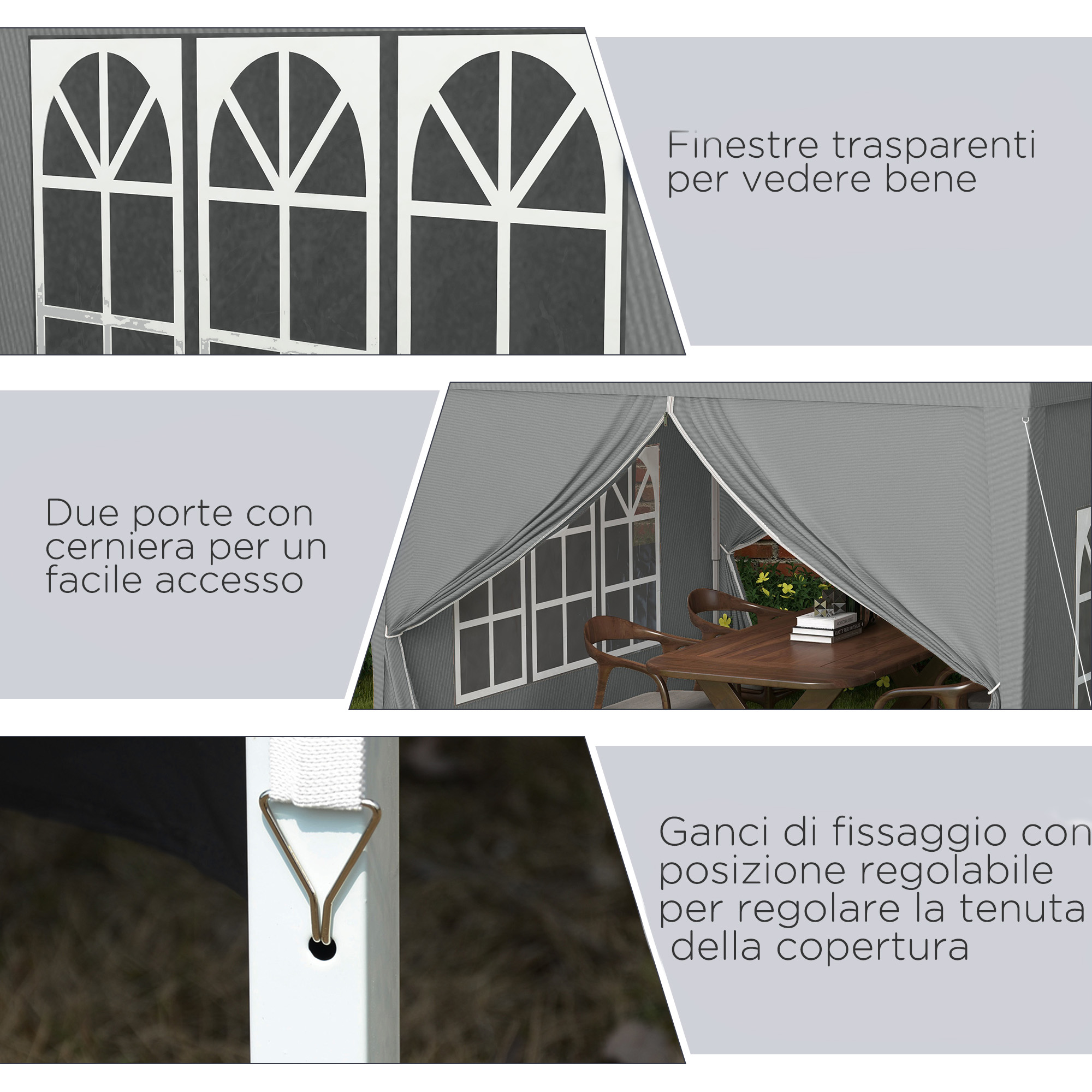 Tenda grigia con finestre, tavolo, sedie e ganci di fissaggio.