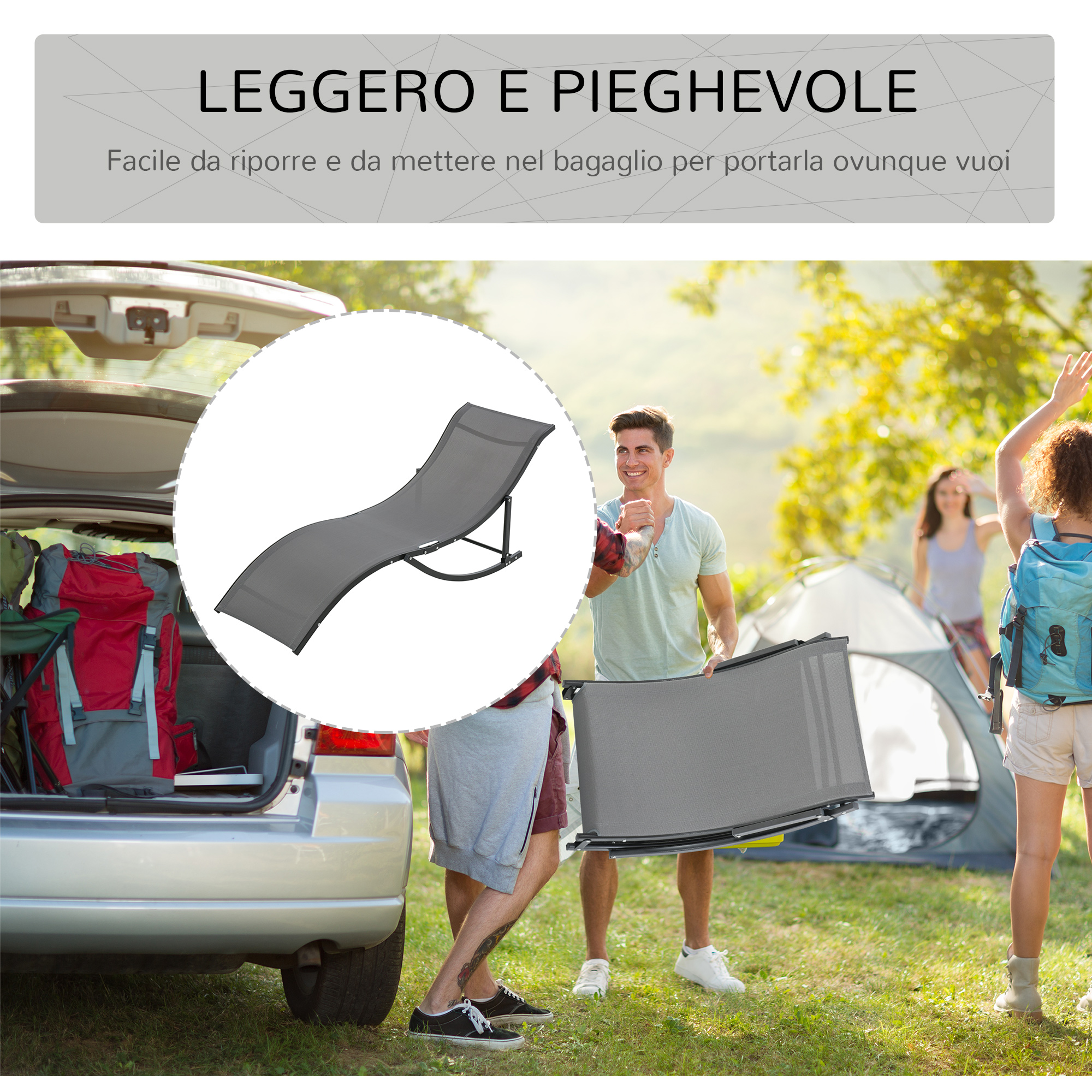 Lettino pieghevole leggero portato vicino a un'auto e tenda.