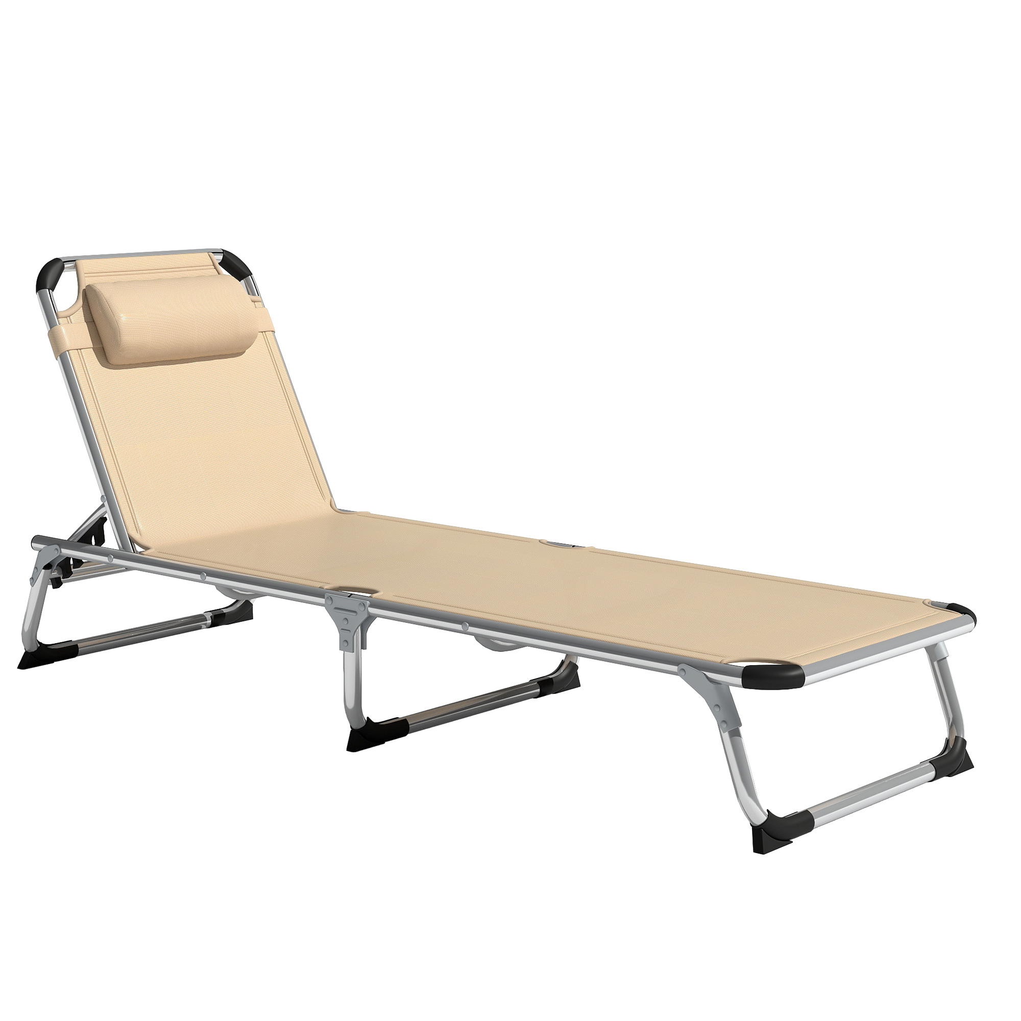 Una sdraio beige con telaio in metallo argentato e cuscino.