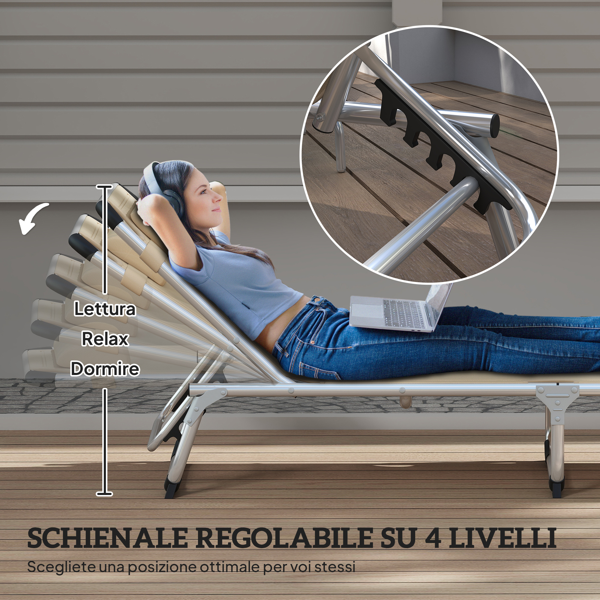 Una donna con cuffie si rilassa su una sdraio regolabile con un laptop.