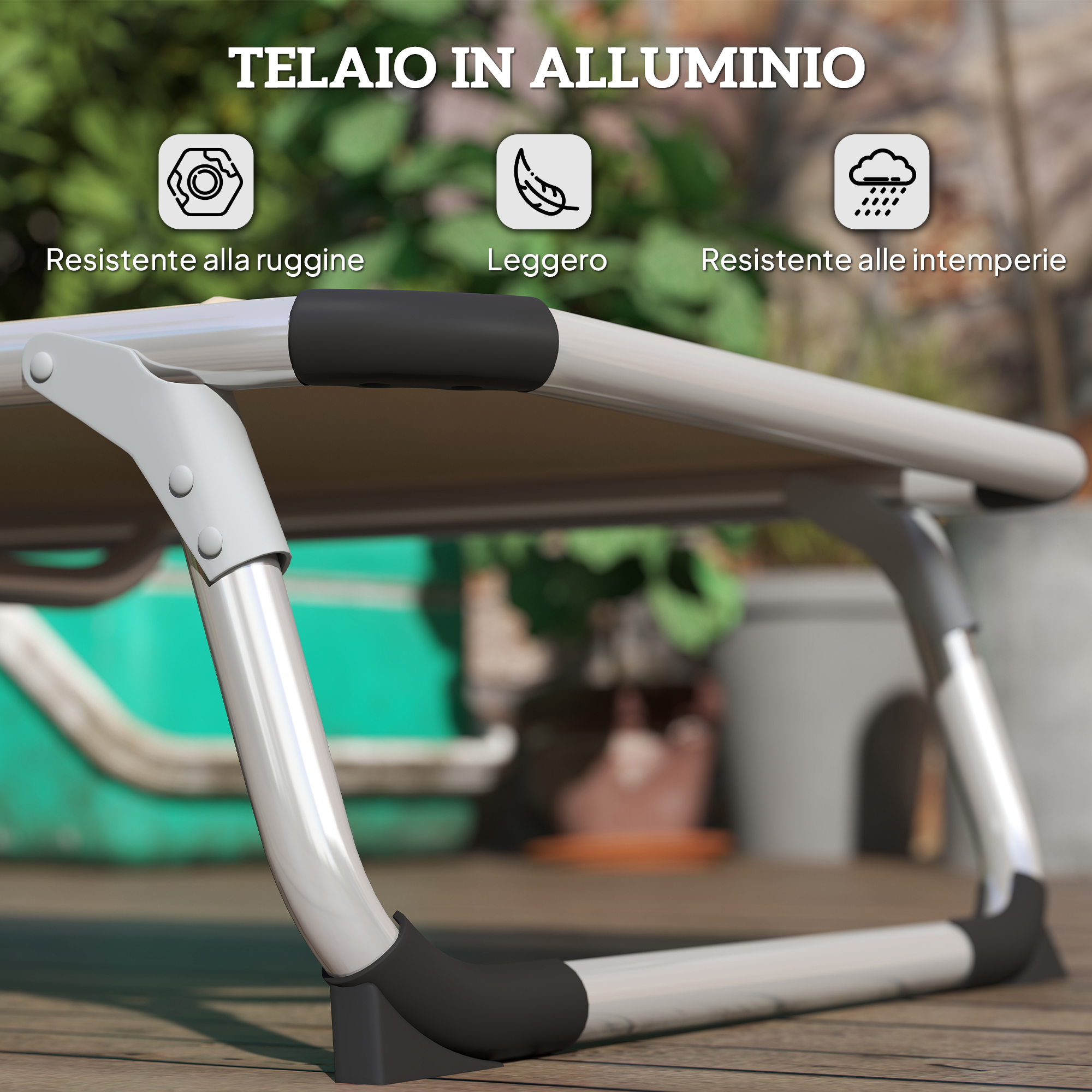 Telaio in alluminio con icone per resistenza alla ruggine, leggerezza e intemperie.