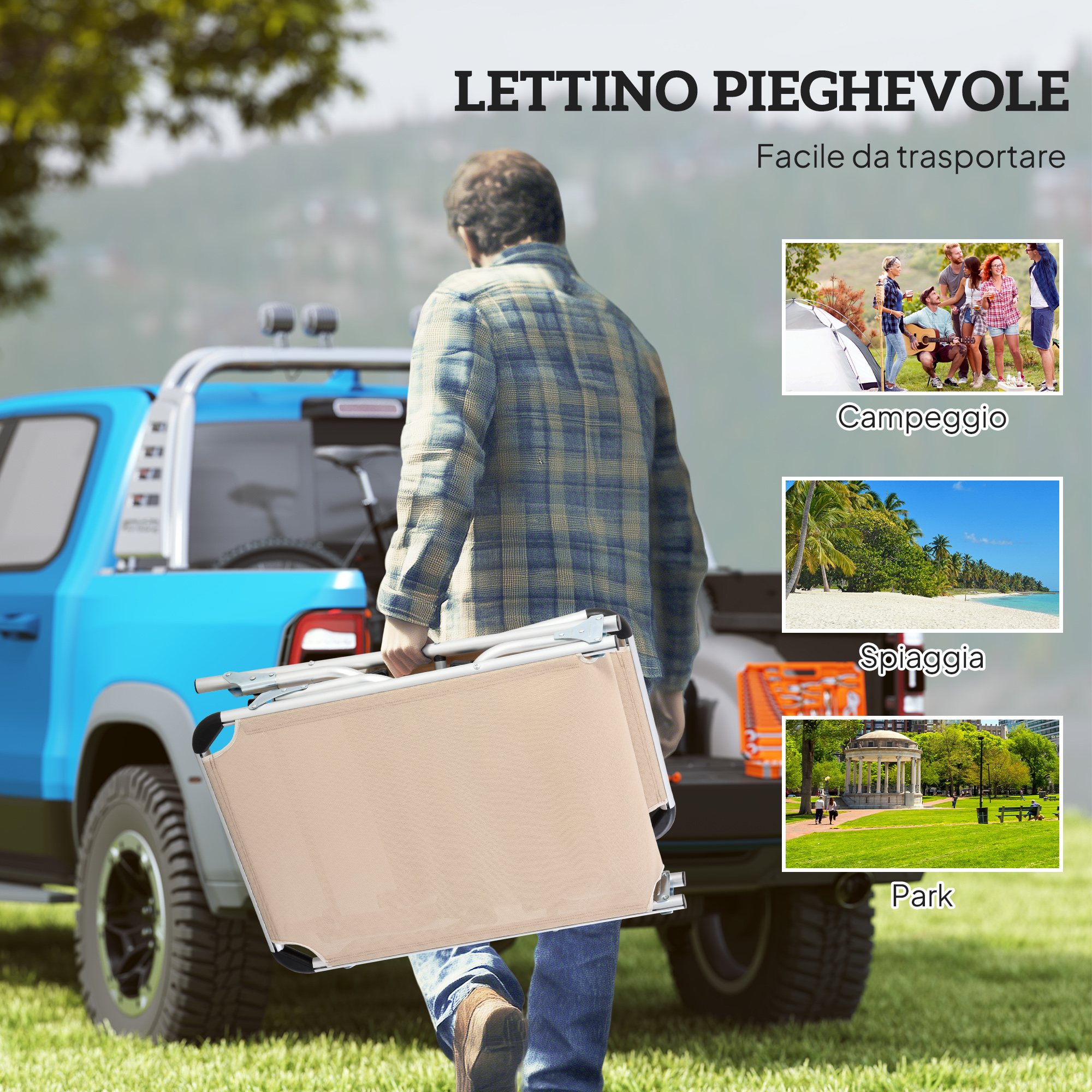 Uomo porta lettino pieghevole beige vicino a pickup blu. Scene di campeggio, spiaggia e parco.