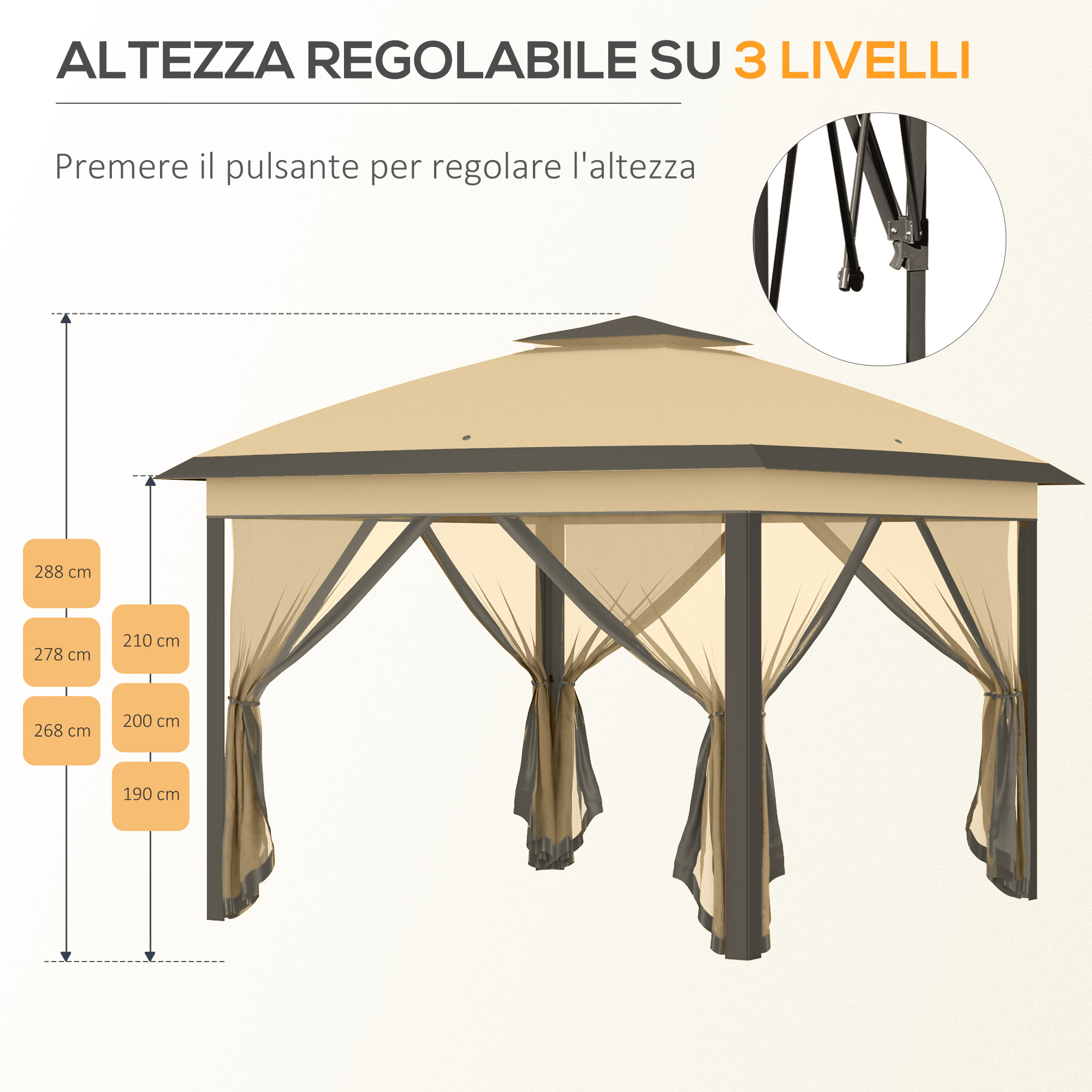 Gazebo beige con altezza regolabile: 288, 278, 268 cm.