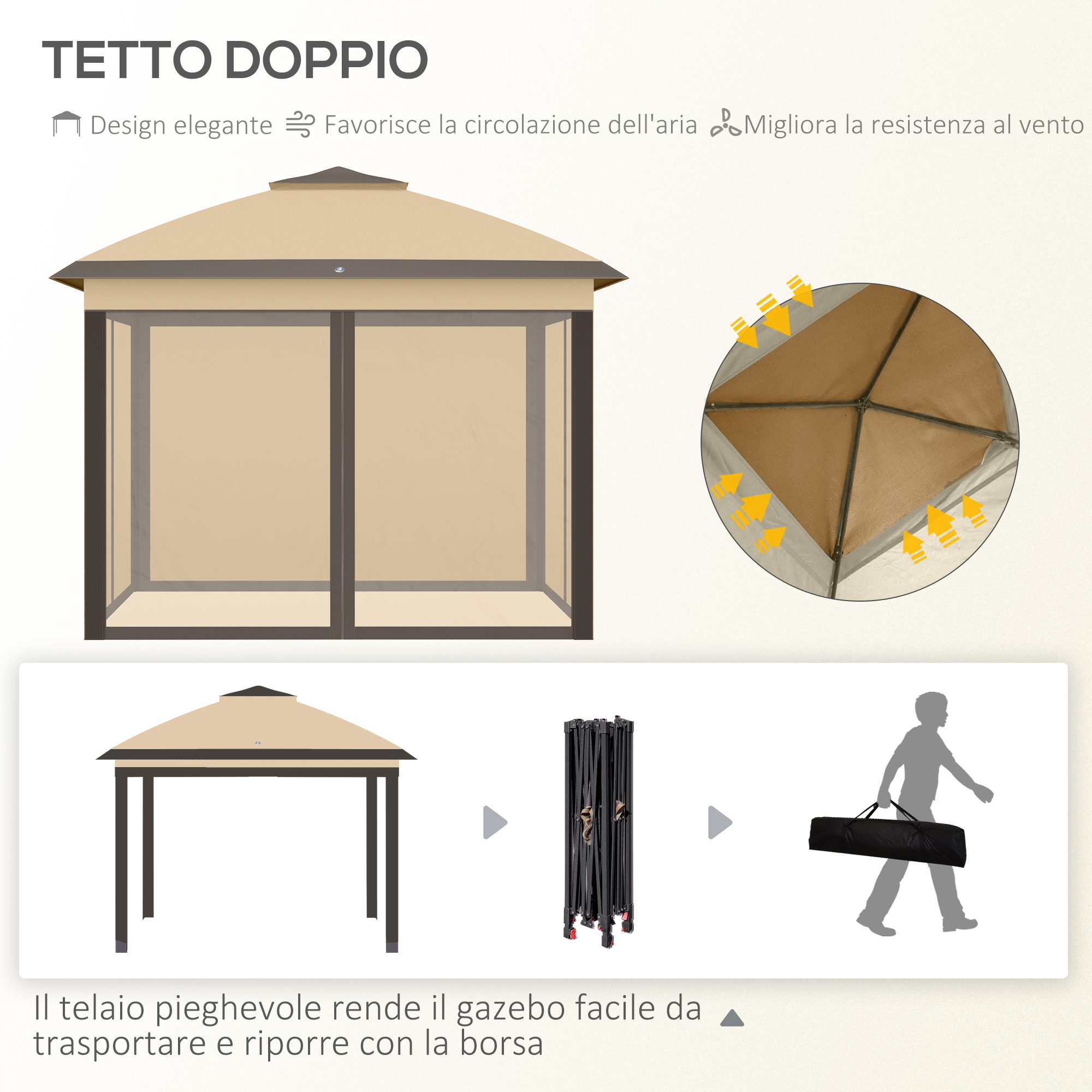 Un gazebo beige con telaio scuro e tetto doppio. Mostra piegatura e borsa per il trasporto.