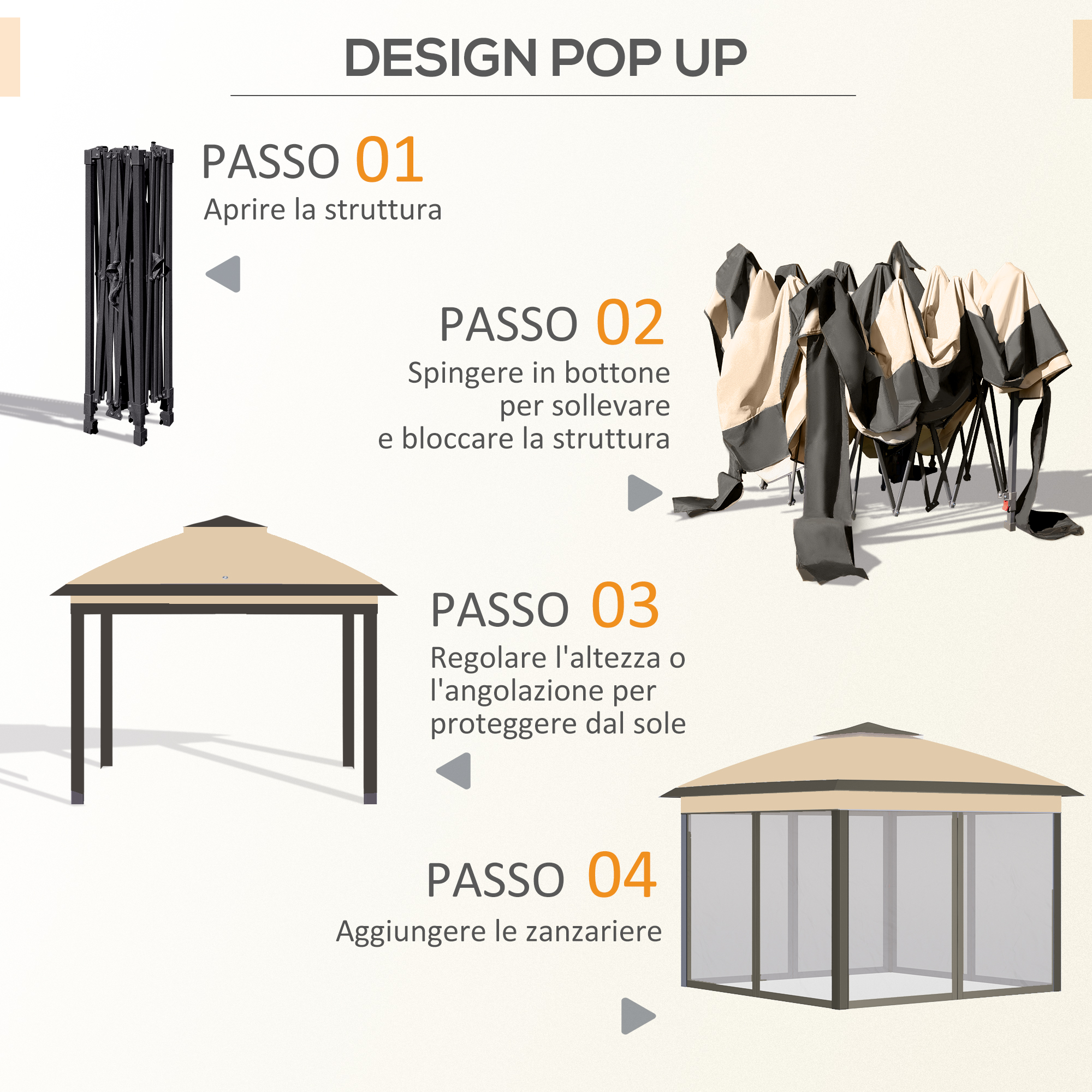 Istruzioni passo passo per montare un gazebo con zanzariere.