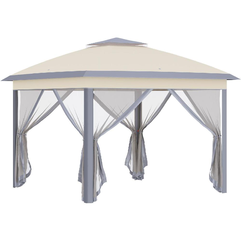 Un gazebo beige con pali grigi e tende trasparenti.