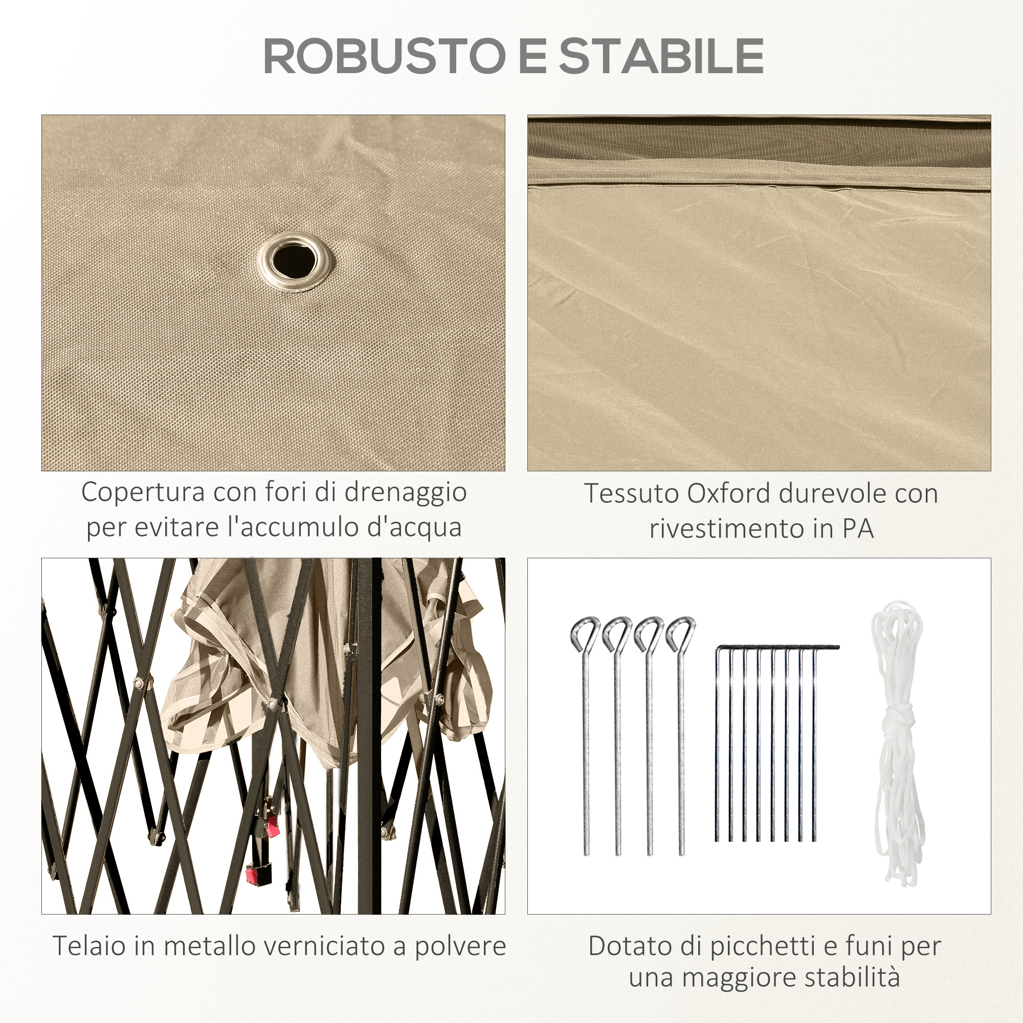 Copertura in tessuto beige con occhielli, telaio in metallo, picchetti e corde.