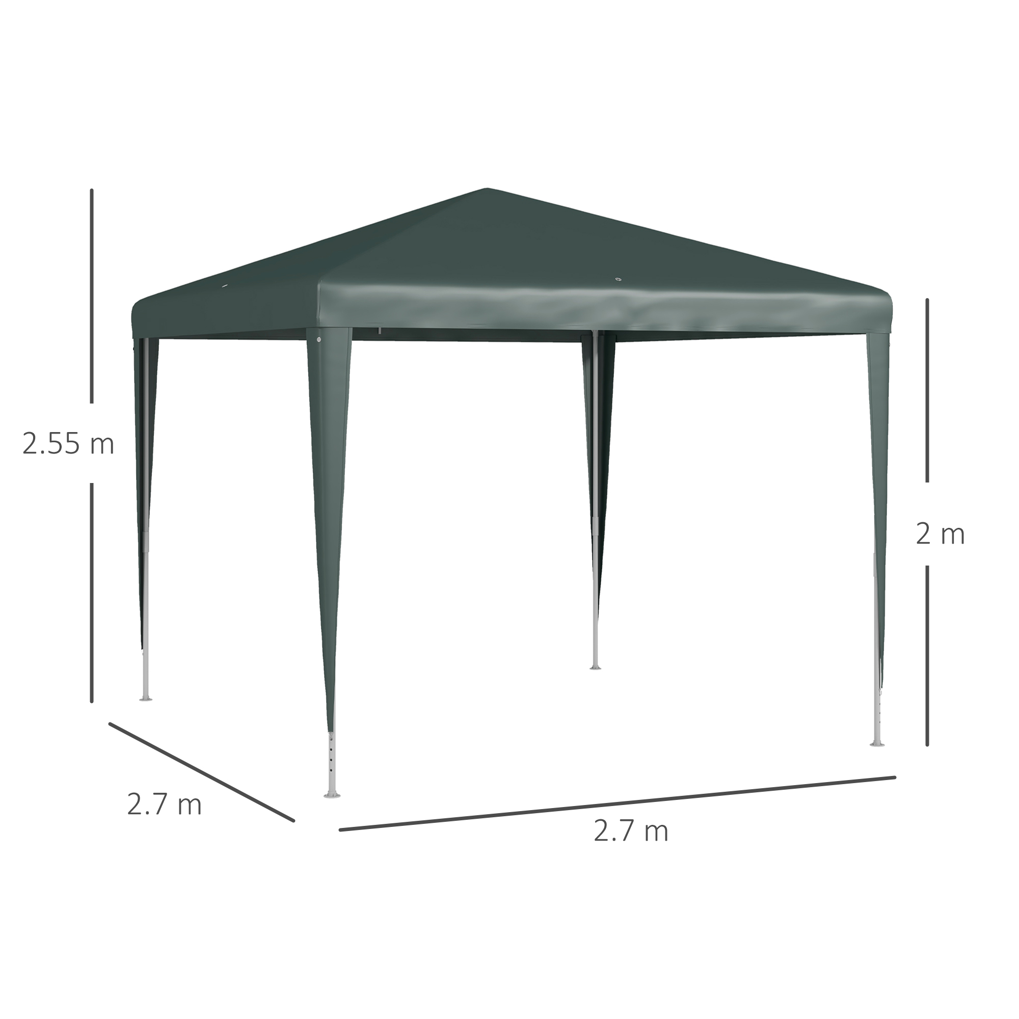 Un gazebo verde scuro di 2,7 x 2,7 x 2,55 m.