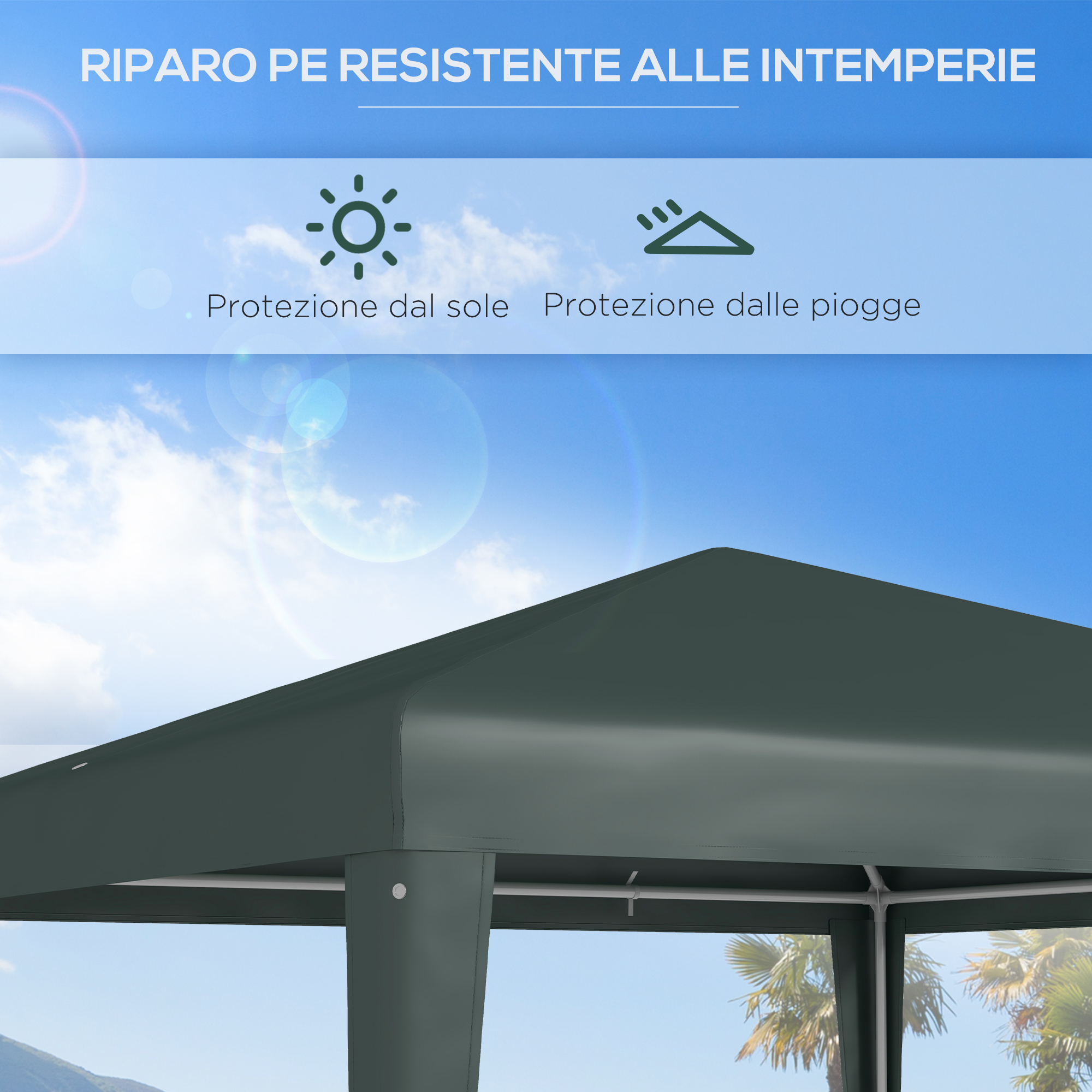 Gazebo verde scuro con icone per sole e pioggia.