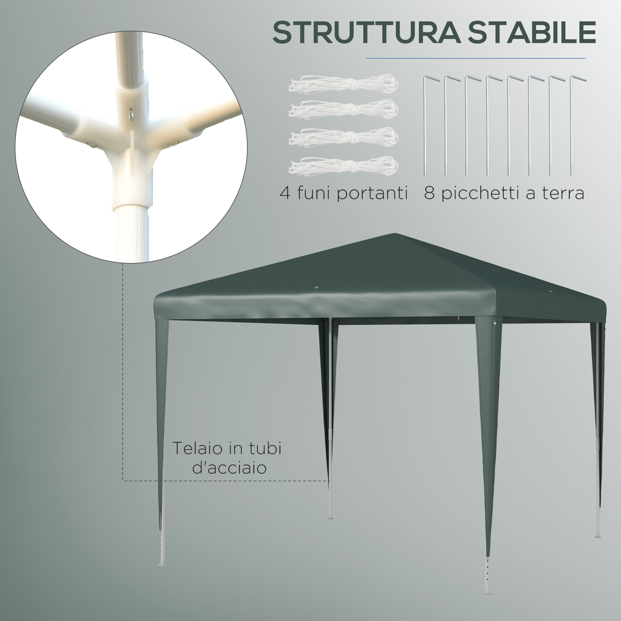 Tenda verde scuro con telaio, corde e picchetti bianchi.