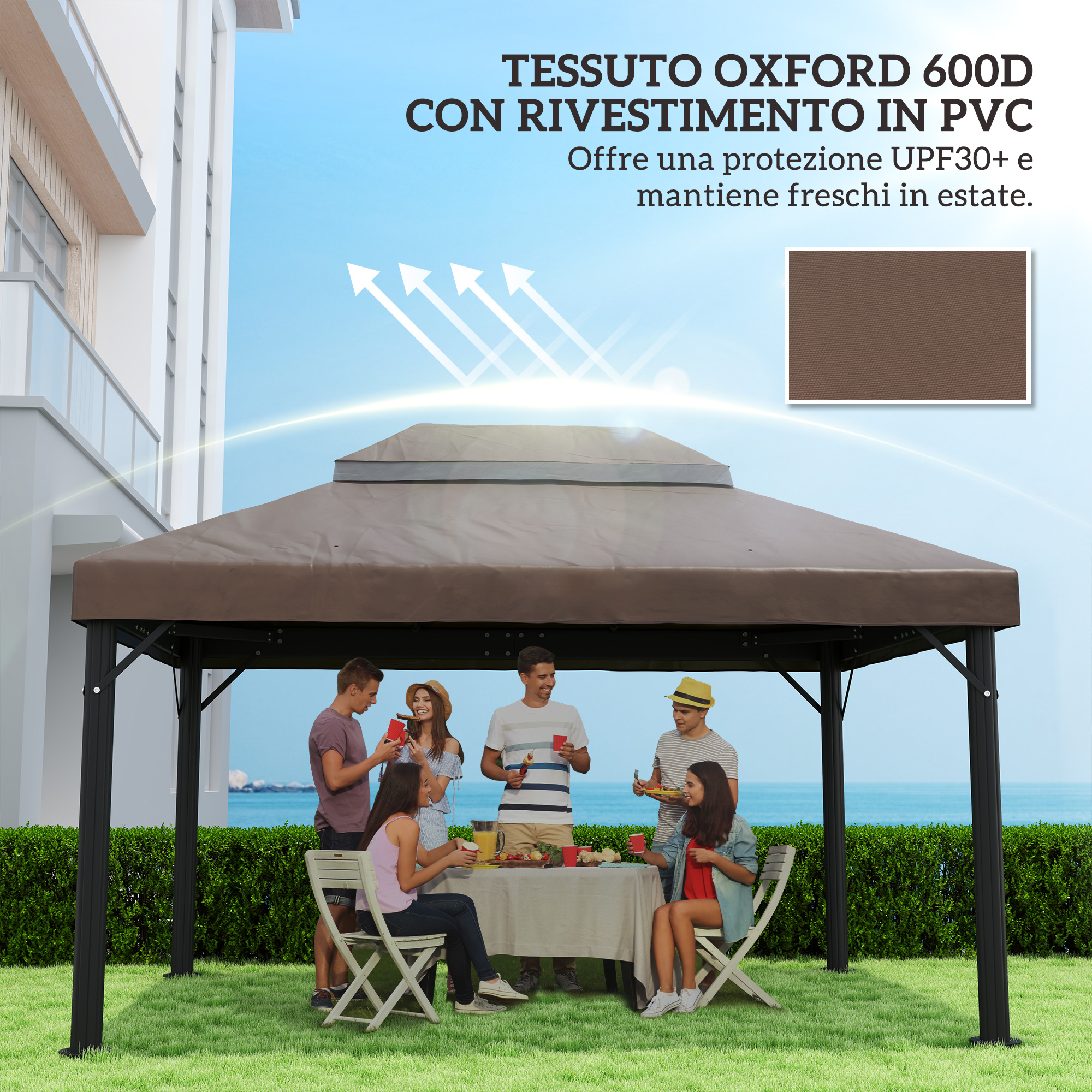 Persone fanno un picnic sotto un gazebo marrone con vista sull'oceano. Mostrata protezione solare.