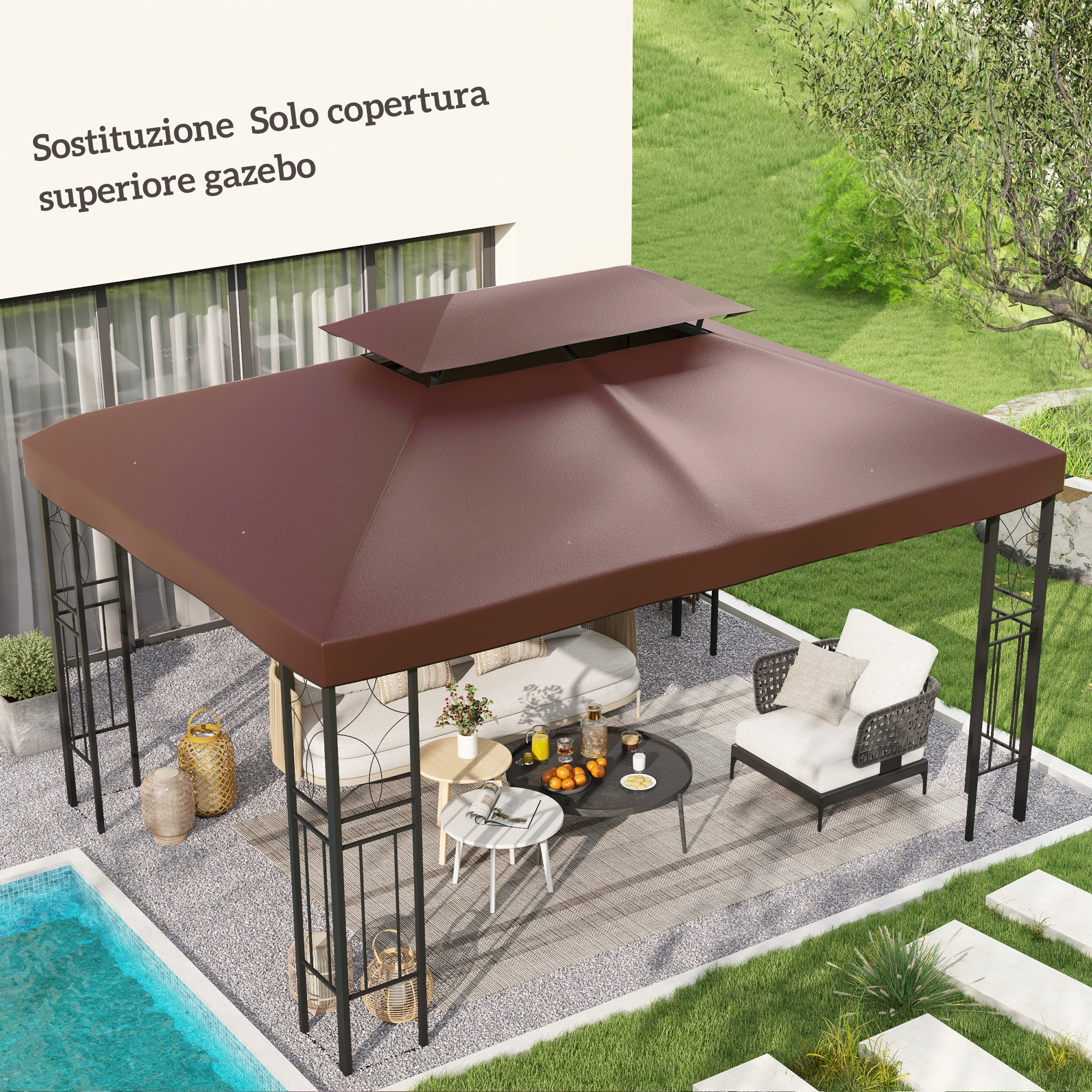 Copertura superiore gazebo marrone sostitutiva con gambe in metallo nero, sedute e piscina.