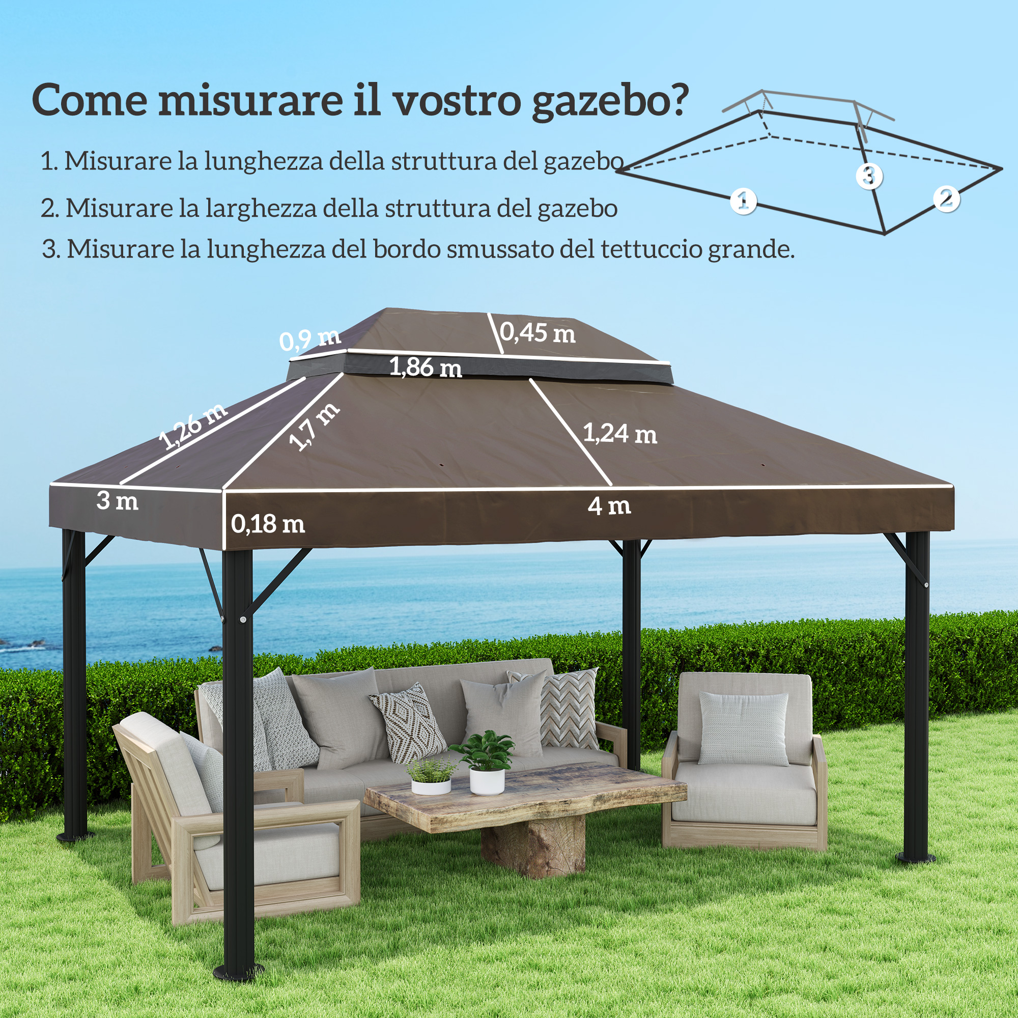 Un gazebo marrone con mobili da esterno e misure, all'aperto vicino al mare.