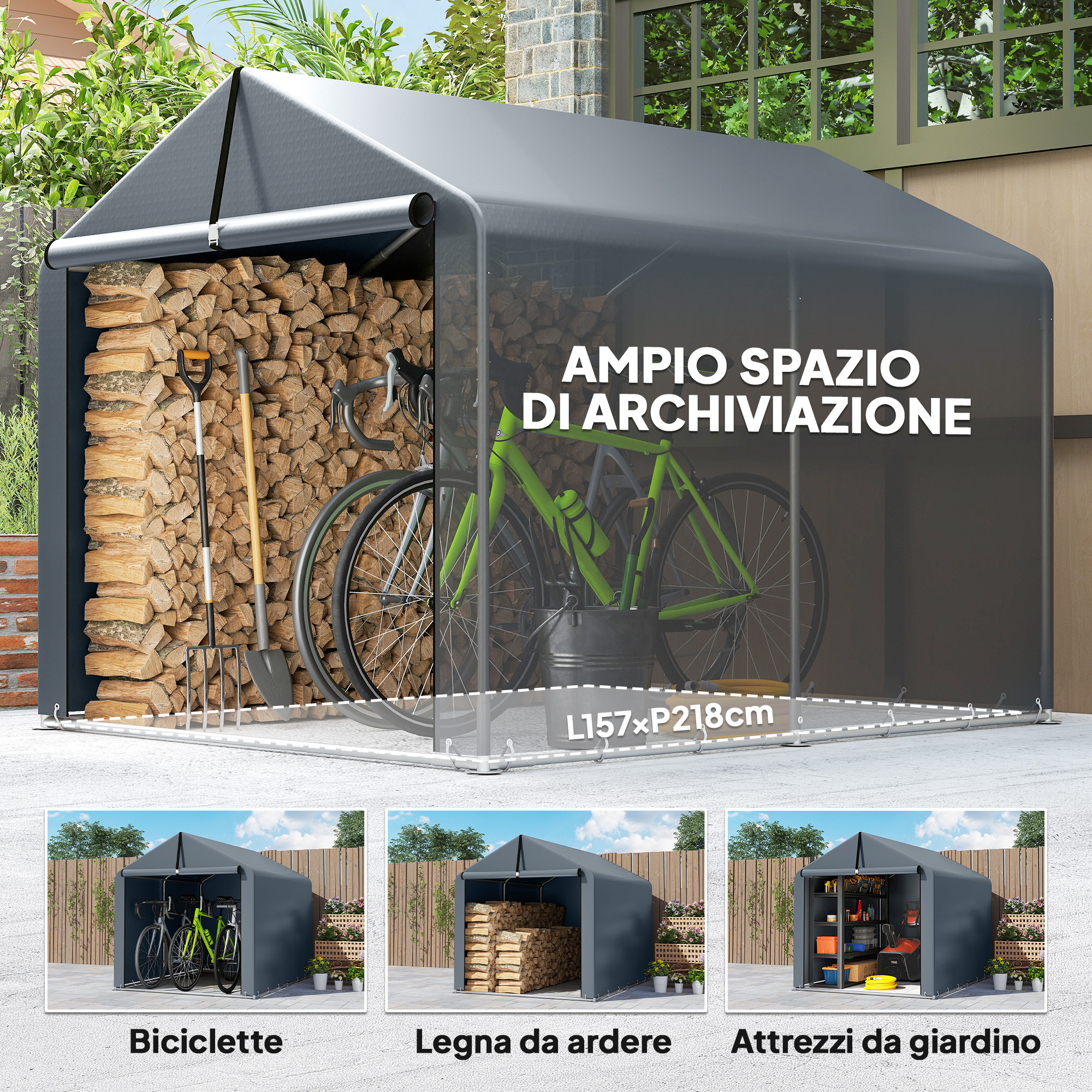 Capanno grigio con legna, bici e attrezzi. Vista esterna.