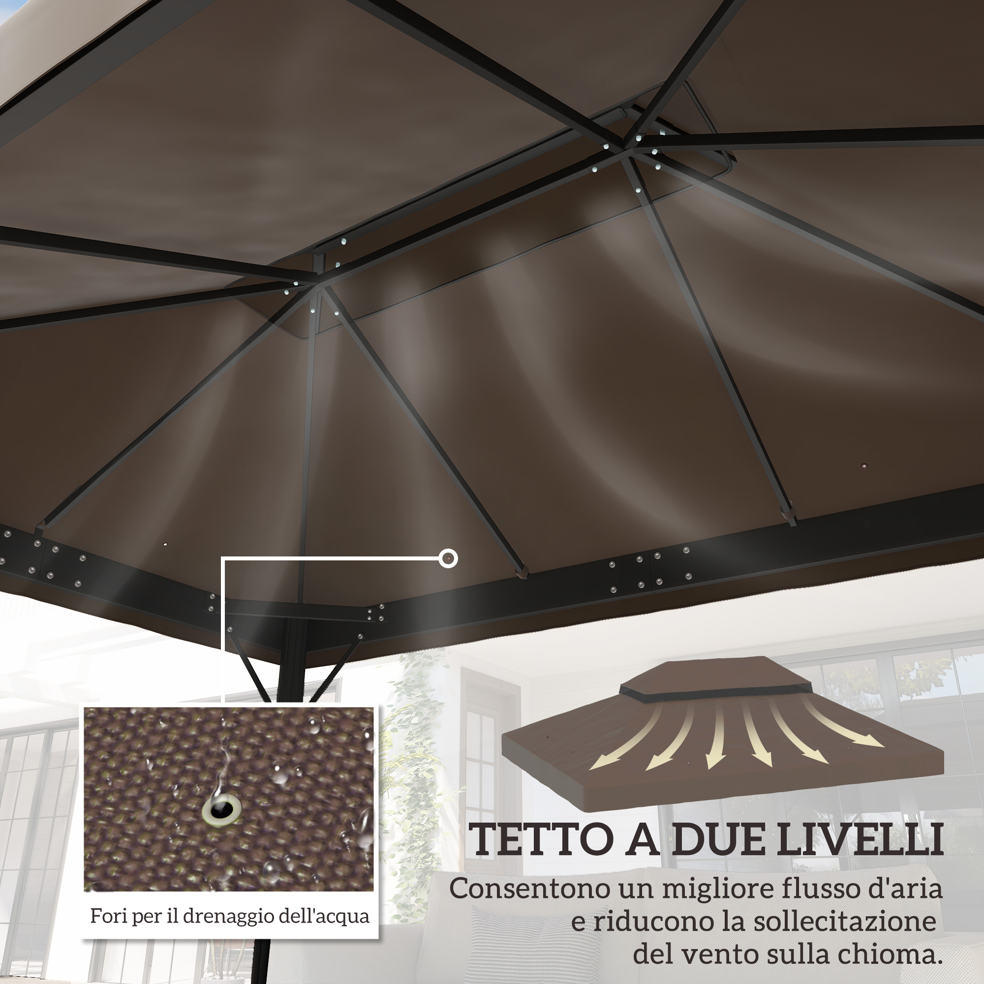 Tetto marrone a due livelli con ventilazione e fori di drenaggio.