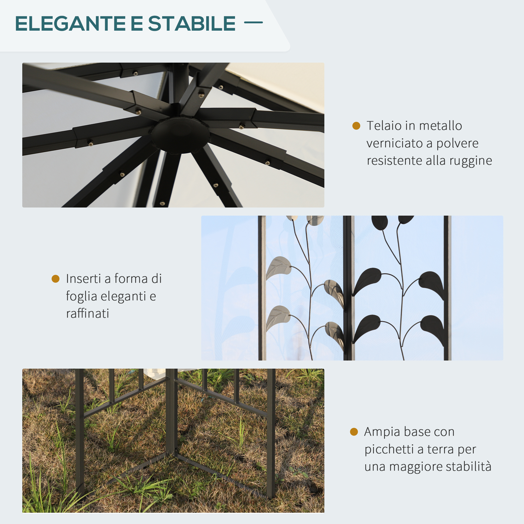 Telaio in metallo verniciato, inserti a foglia e base ampia per stabilità.