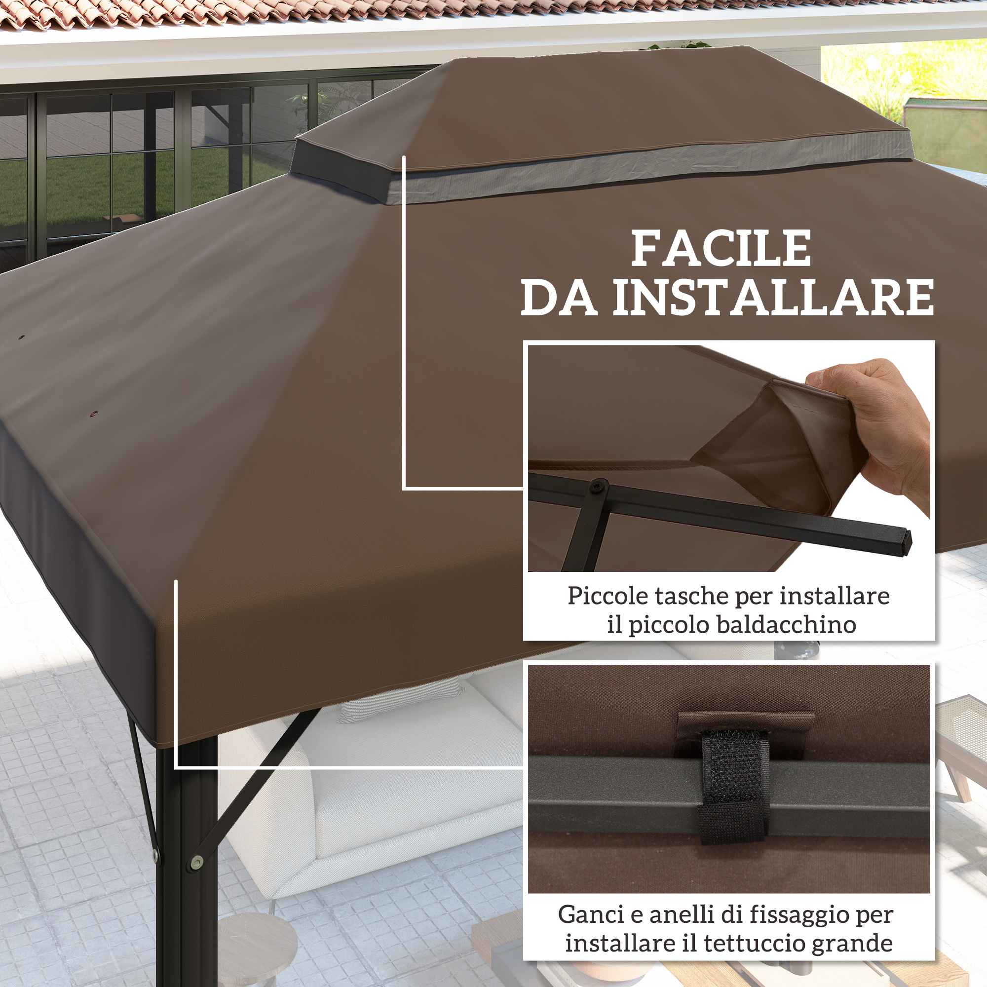 Tettoia marrone per gazebo con dettagli di fissaggio e istruzioni.