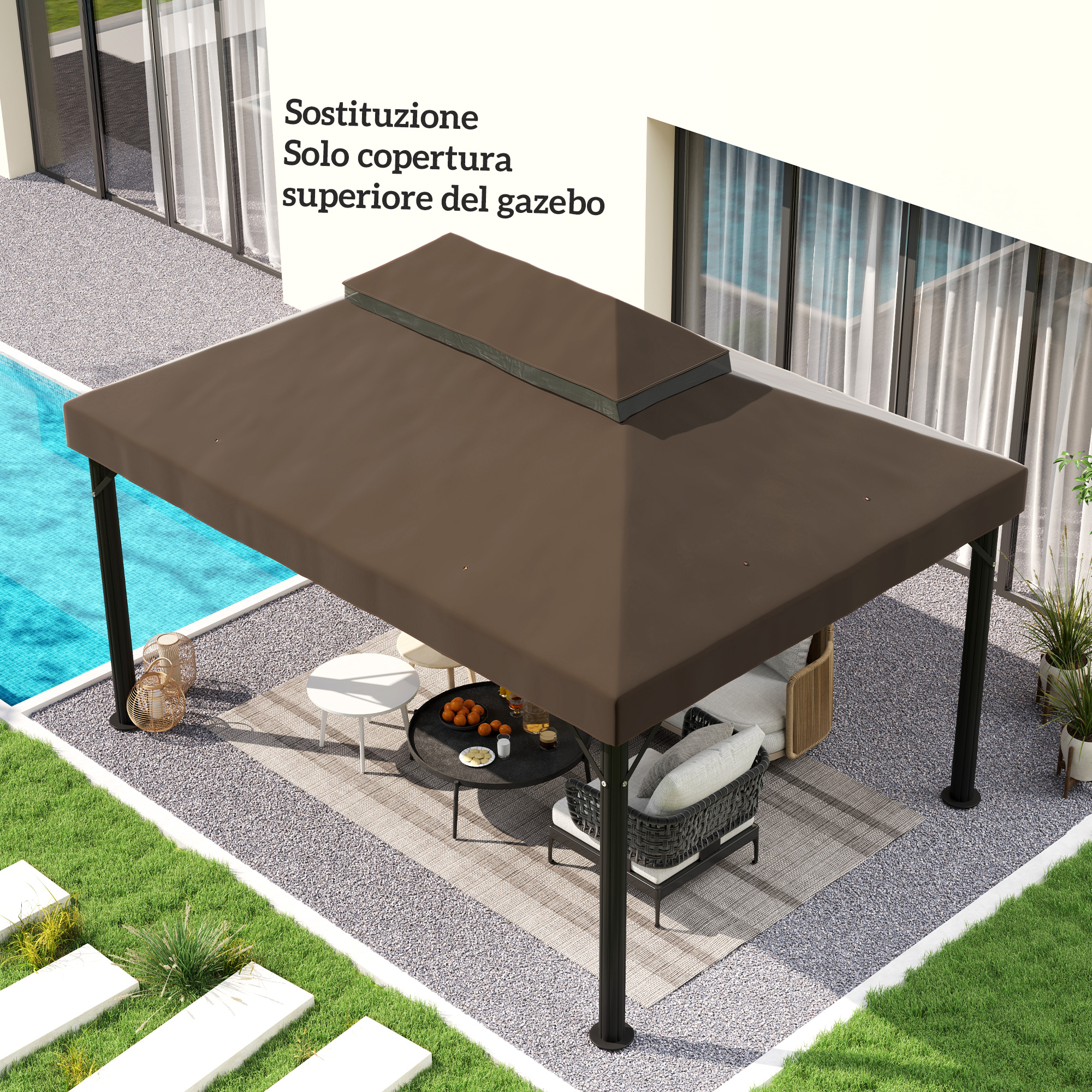 Una tettoia marrone per gazebo con supporti neri si trova accanto a una piscina, con mobili e piante.
