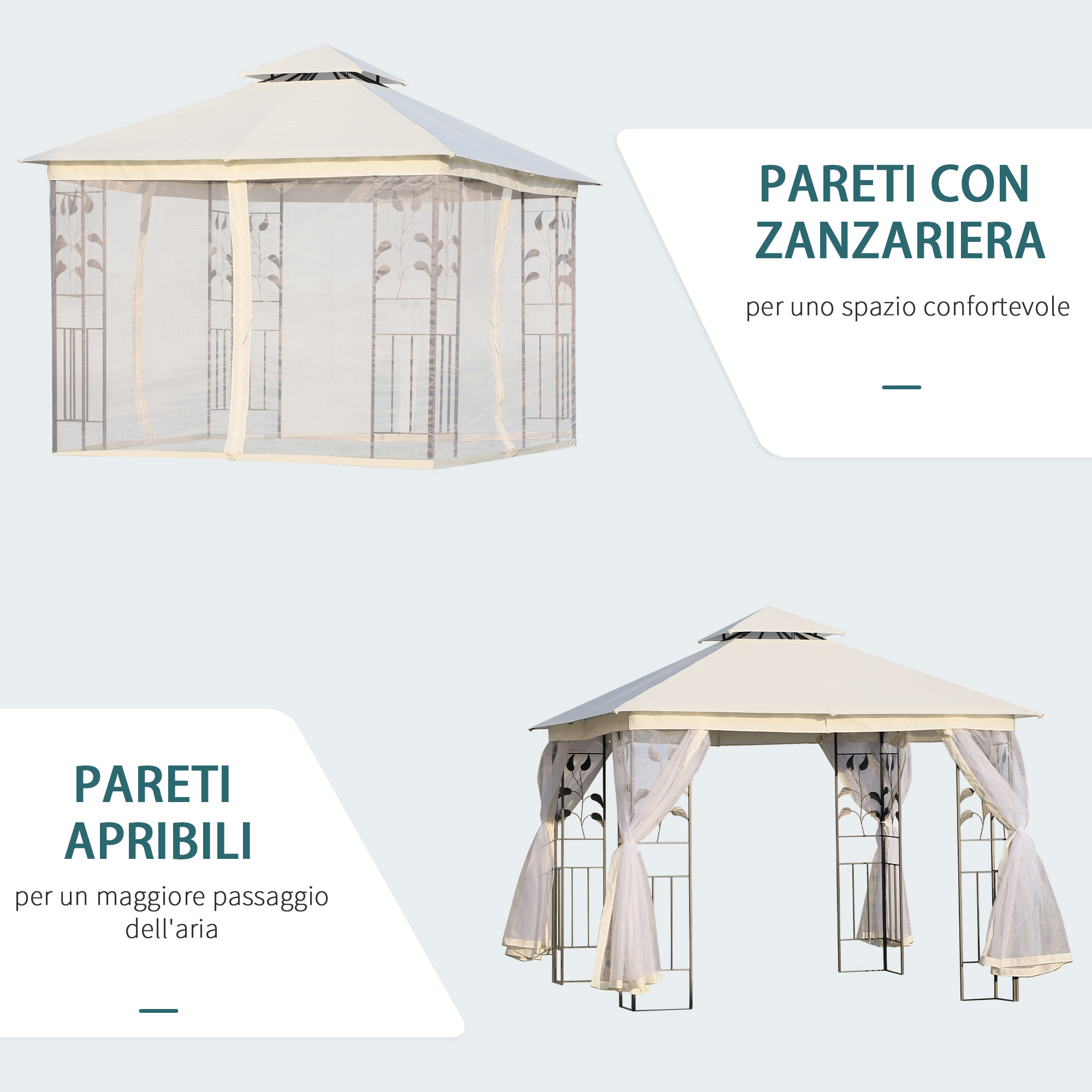Un gazebo con zanzariere bianche e pareti apribili.