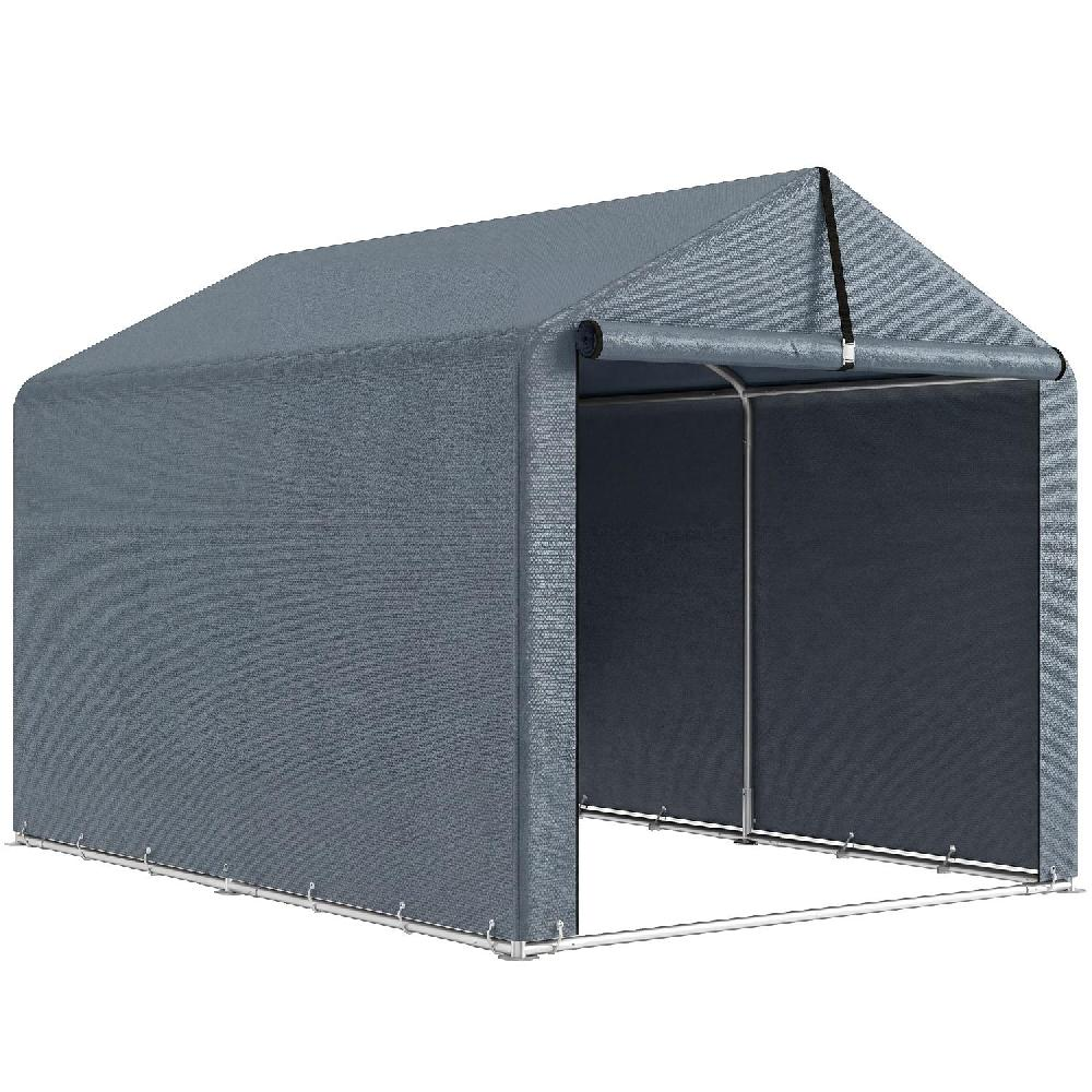 Tenda grigia con telaio in metallo, aperta su entrambi i lati.