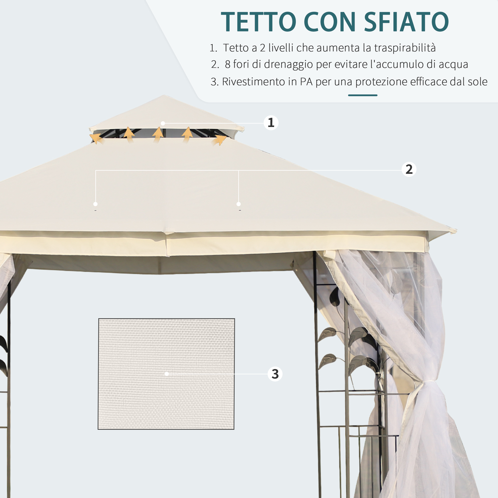 Tetto padiglione beige con sfiato, fori di drenaggio e rivestimento PA.