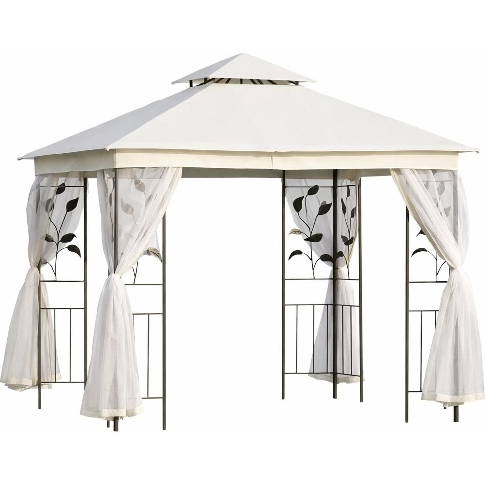 Un gazebo bianco con tende e decorazioni a foglia su sfondo bianco.