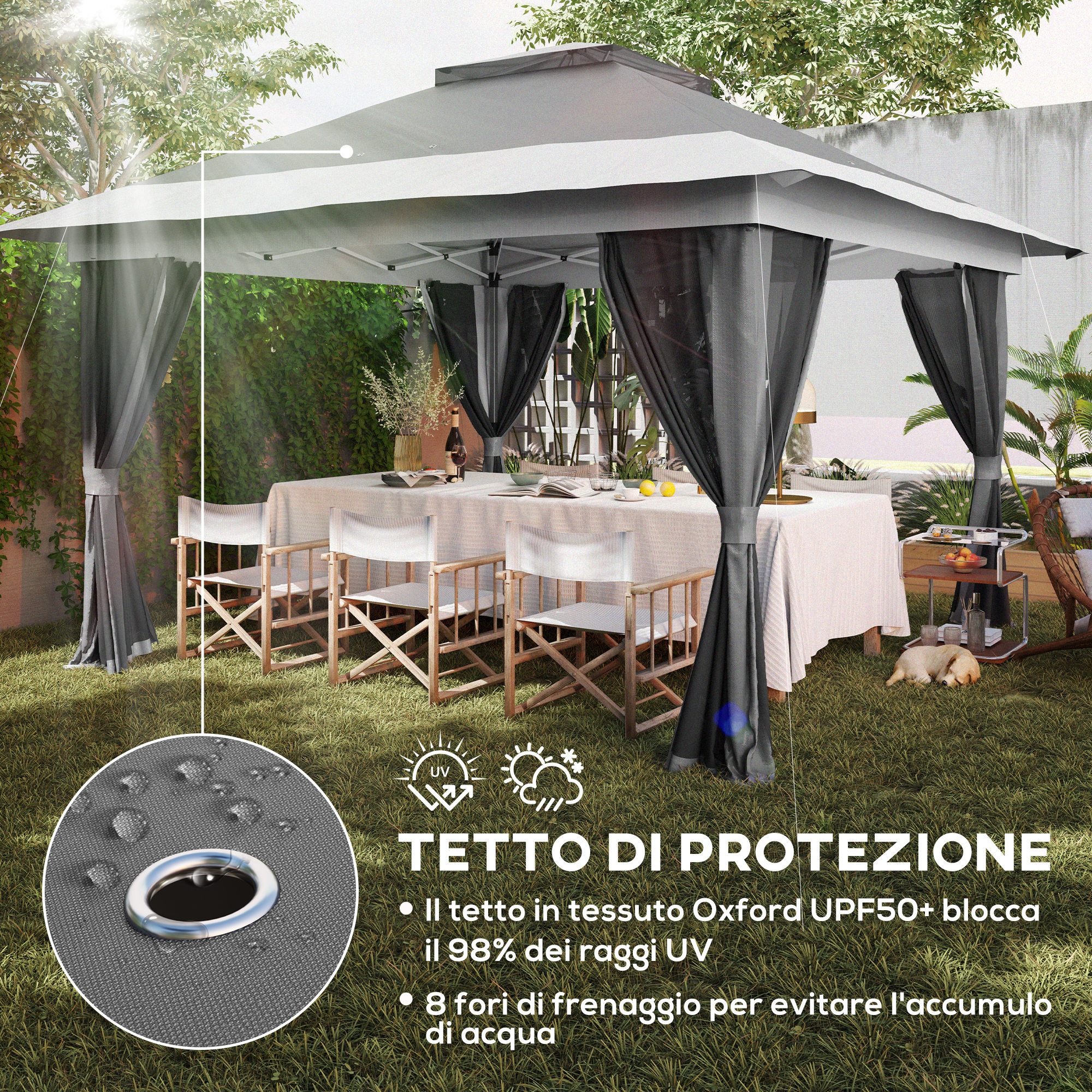 Un gazebo con tavolo e sedie all'aperto. Un cane dorme sull'erba.