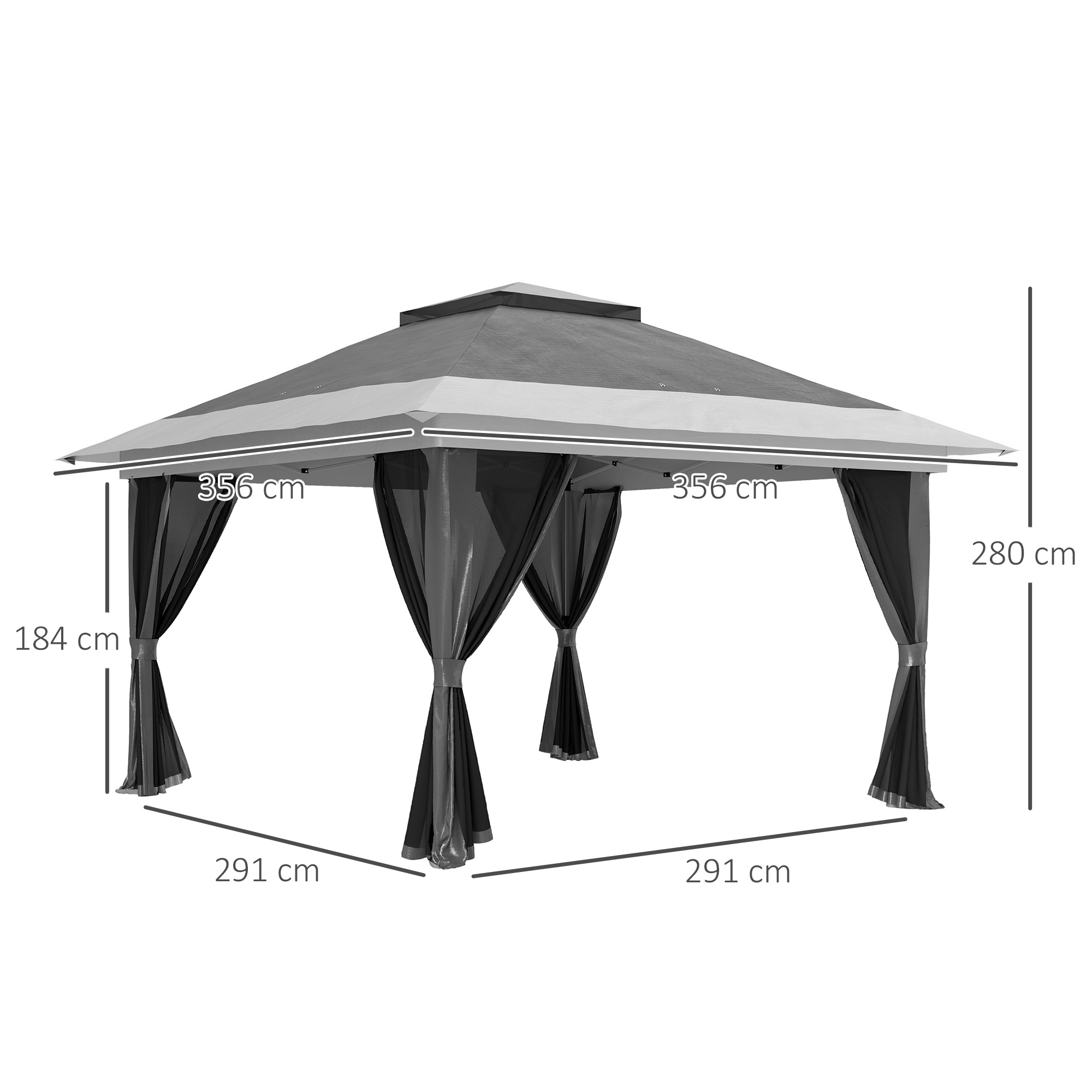 Un gazebo grigio e bianco con tende nere, dimensioni mostrate.