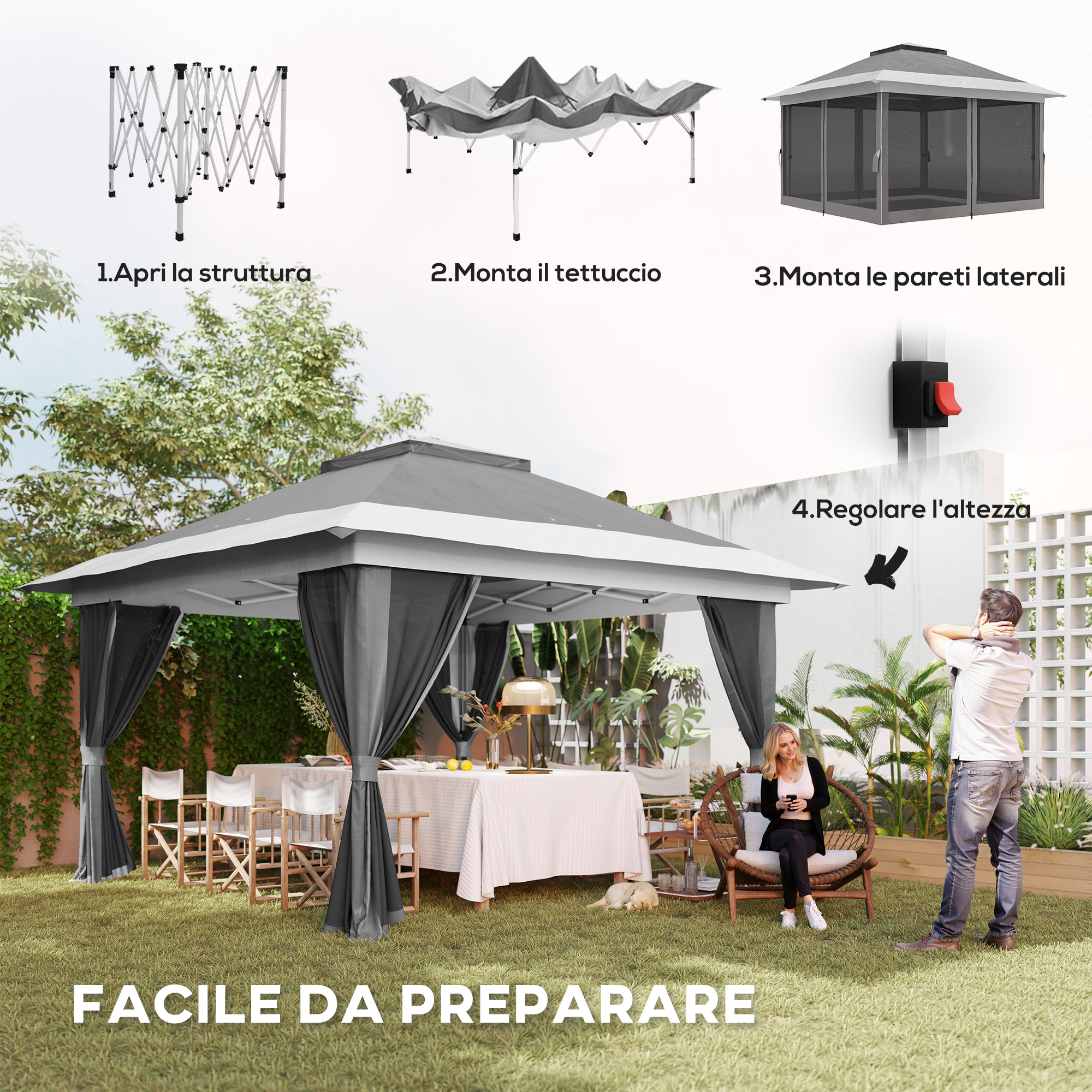 Assemblaggio gazebo: apertura struttura, montaggio tetto, aggiunta pareti.