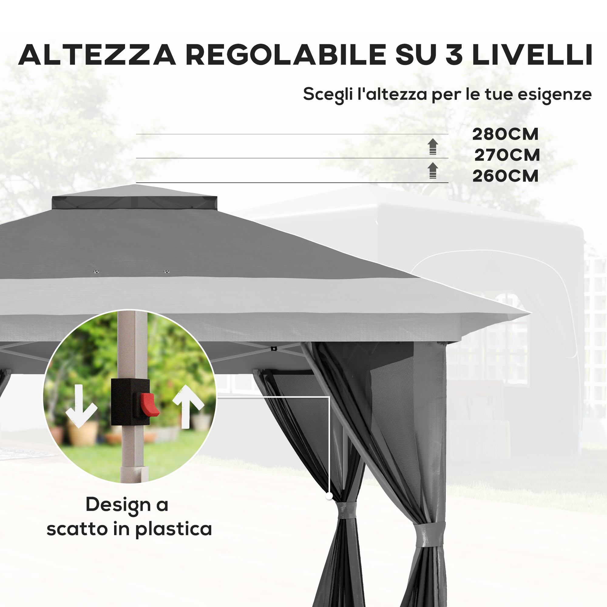 Una tenda grigia con altezza regolabile su 3 livelli, che mostra 260-280cm.