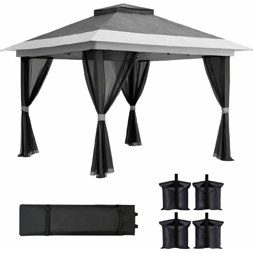 Gazebo grigio con tende nere, tappetino e pesi.