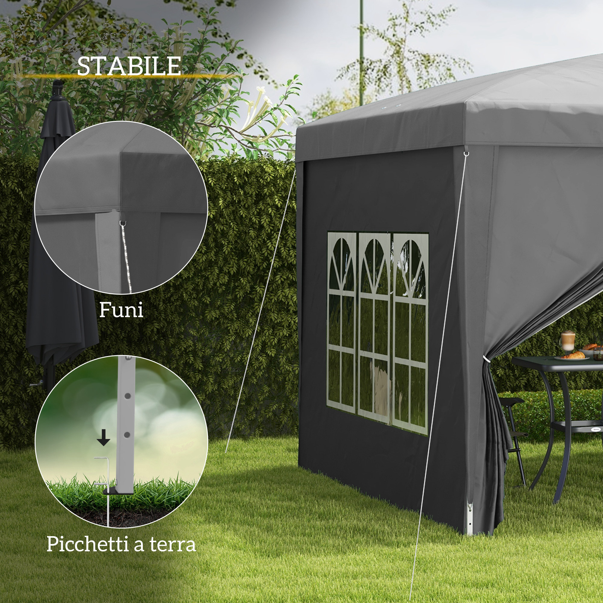 Un gazebo grigio con finestre e corde in un giardino, con primi piani delle chiusure.