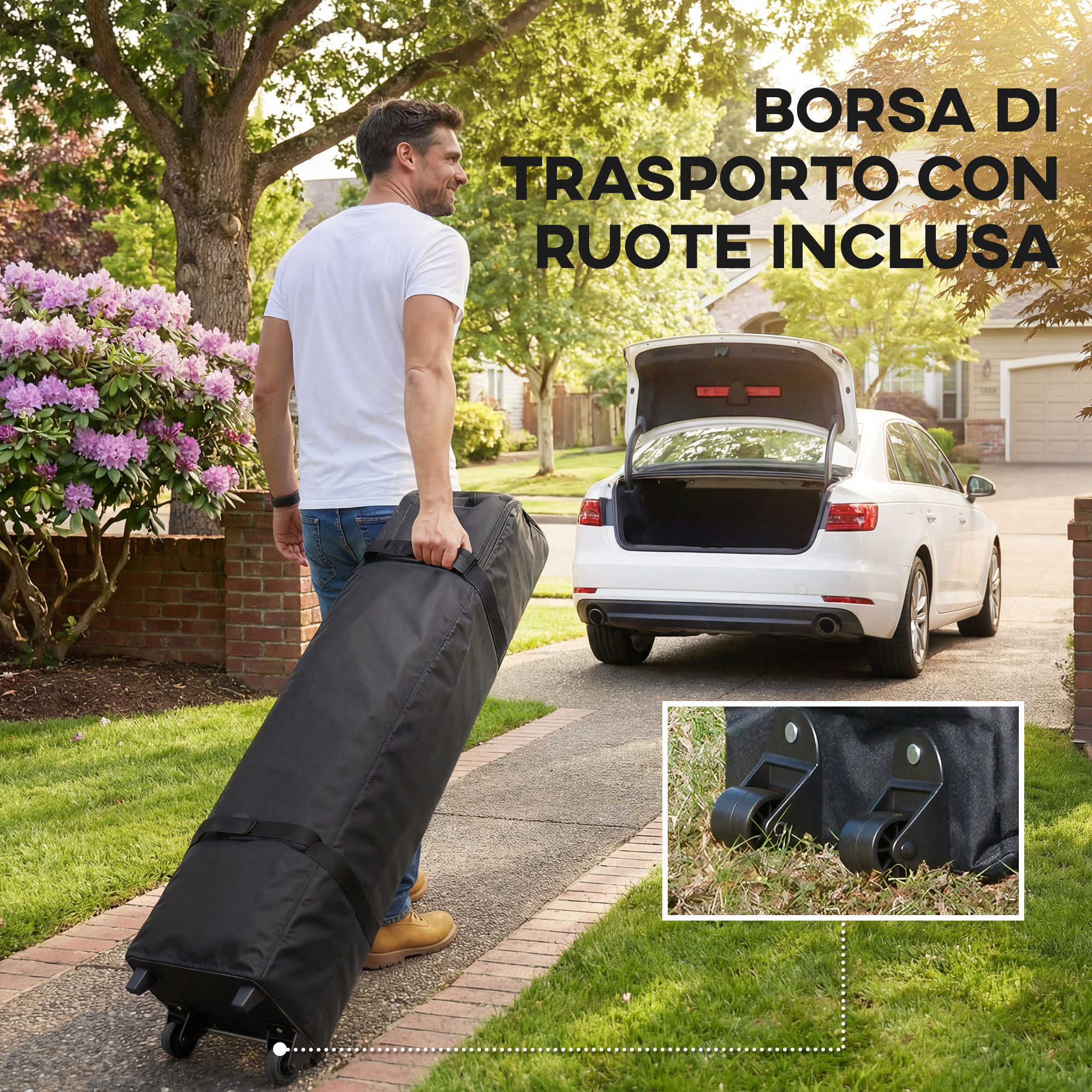 Un uomo tira una borsa da viaggio nera con ruote accanto a un'auto bianca.