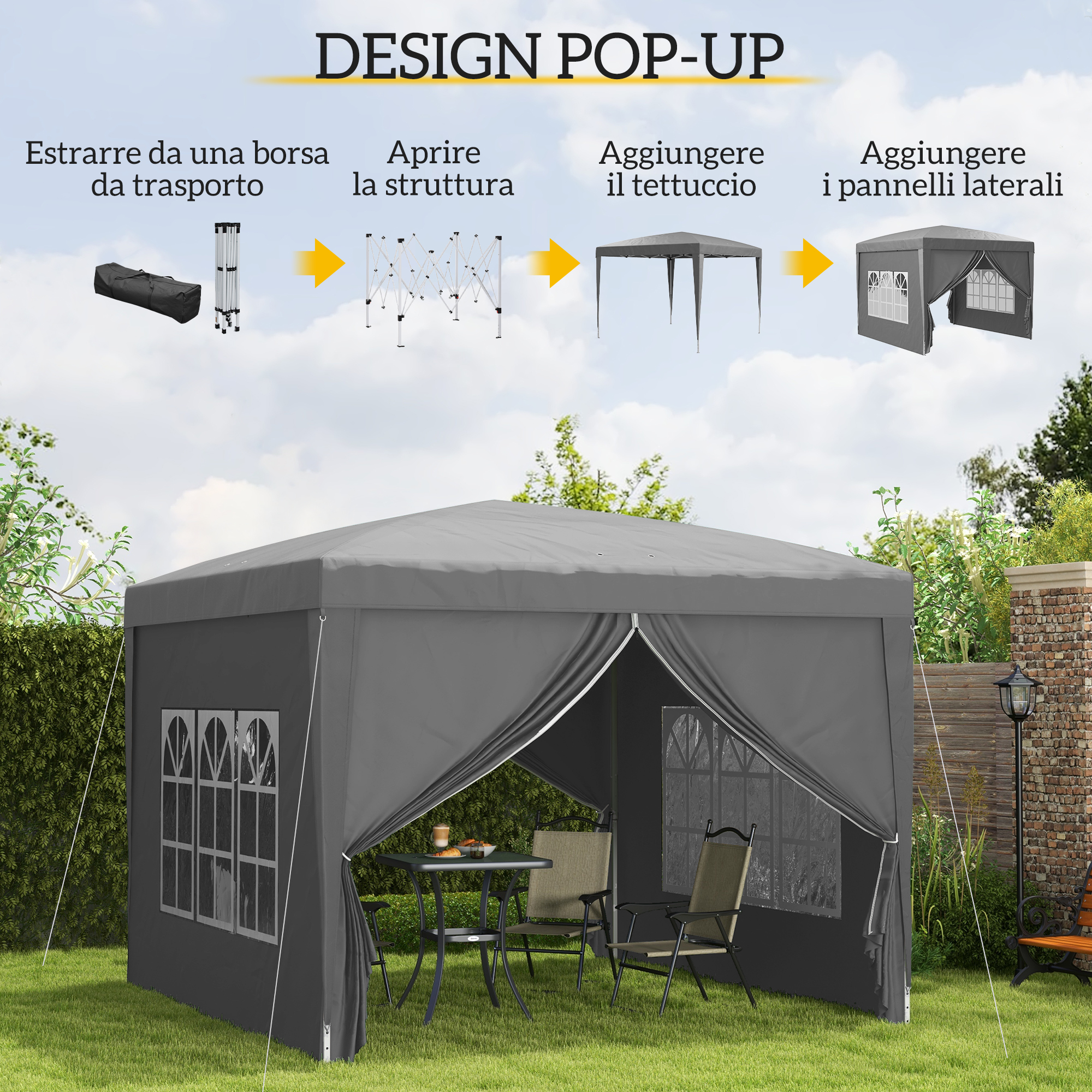 Tenda pop-up grigia con finestre, tavolo e sedie in giardino.