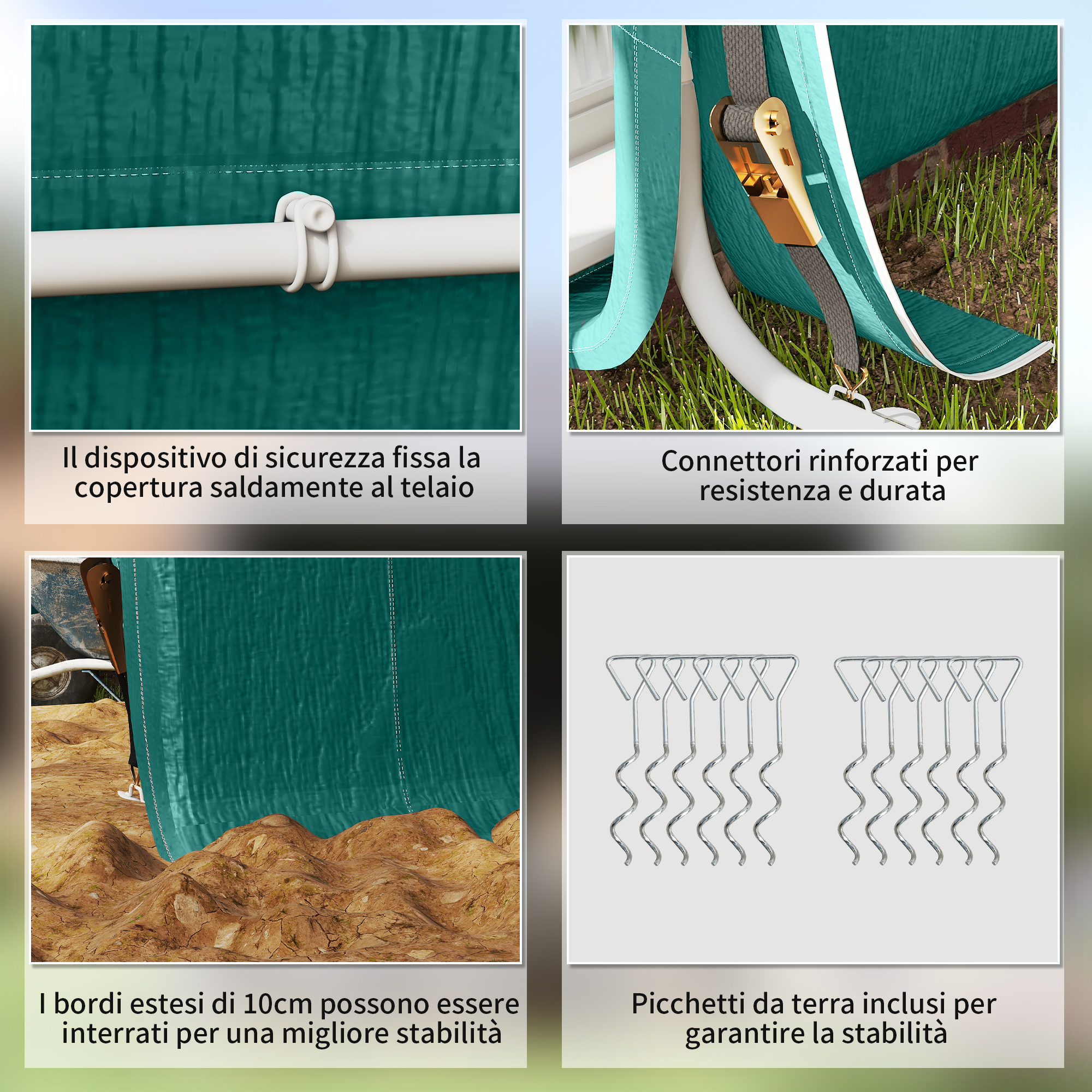 Copertura verde con fissaggi, picchetti e connettori rinforzati.
