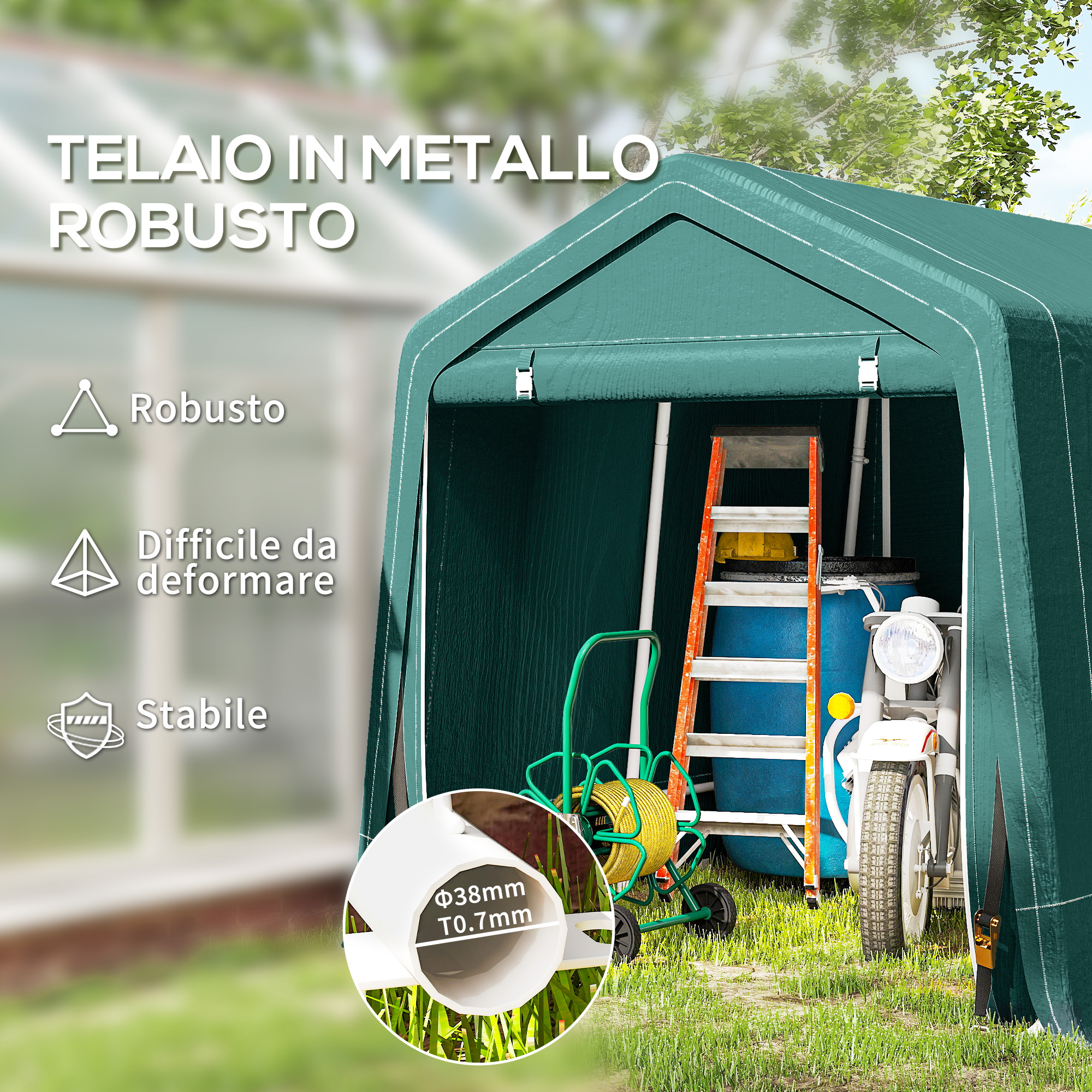 Capanno tenda verde con moto, scala e avvolgitubo all'interno.