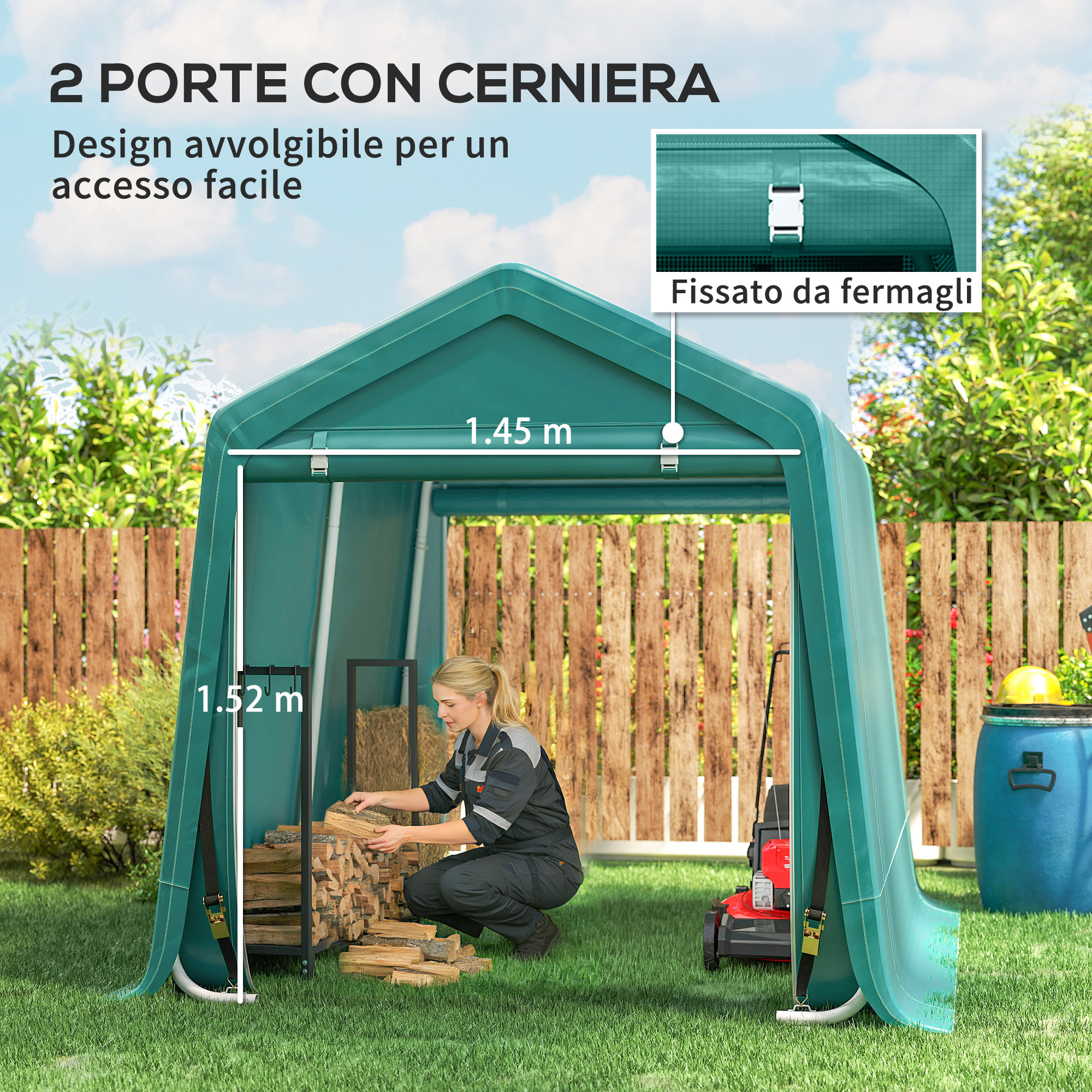 Tenda verde con design avvolgibile. Donna impila legna. Dimensioni 1,45m x 1,52m.