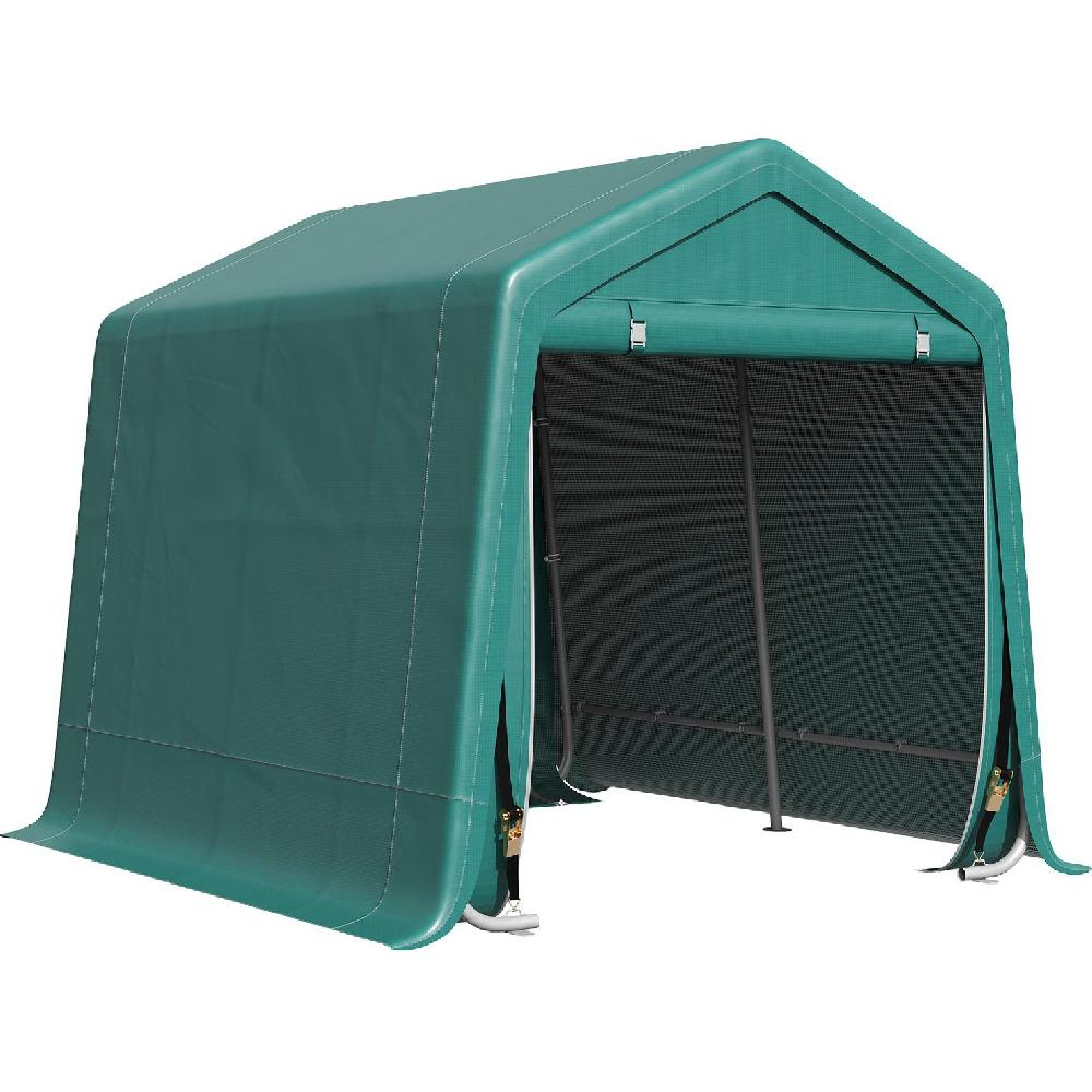 Una tenda verde con telaio in metallo e fronte in rete, sfondo bianco.