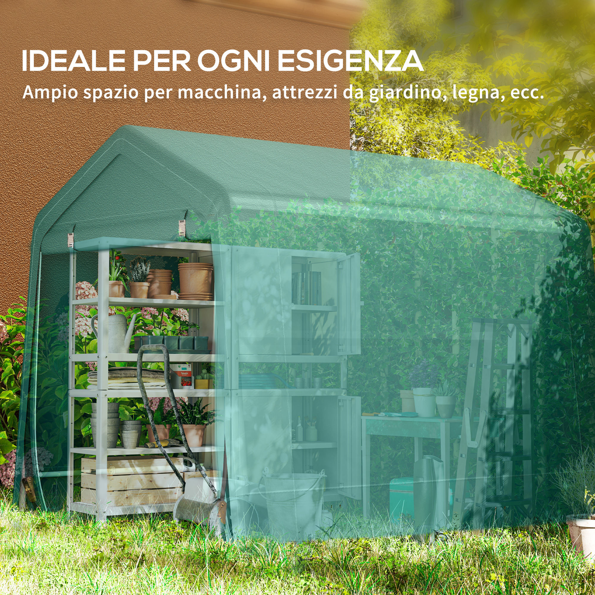 Serra verde con scaffali, attrezzi, piante e carriola all'interno.