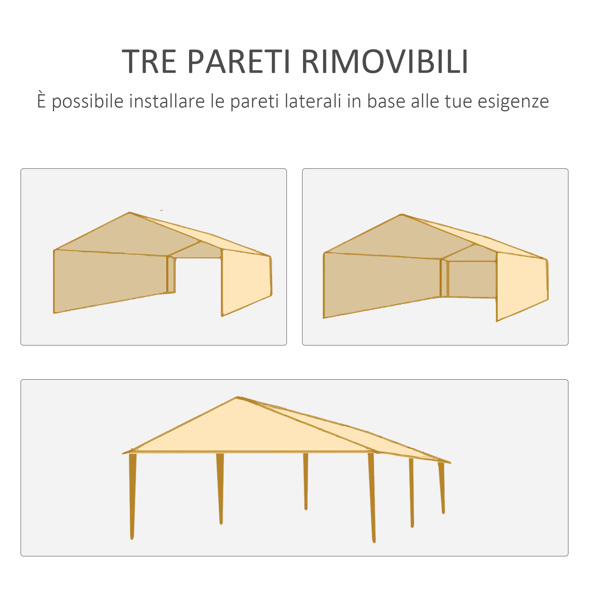 Illustrazioni di tende con diverse configurazioni di pareti.