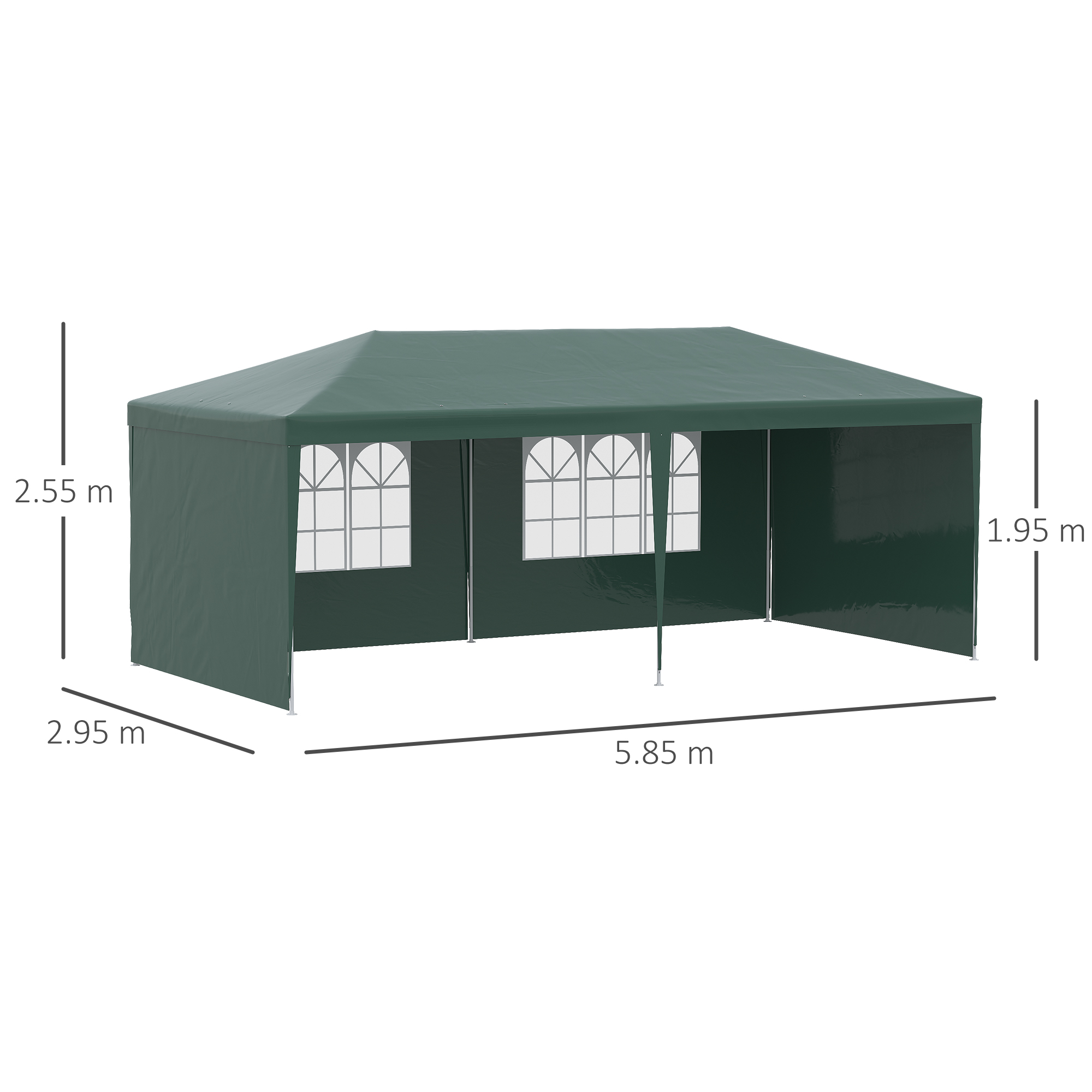 Una tenda verde scuro con finestre. Le dimensioni sono indicate.