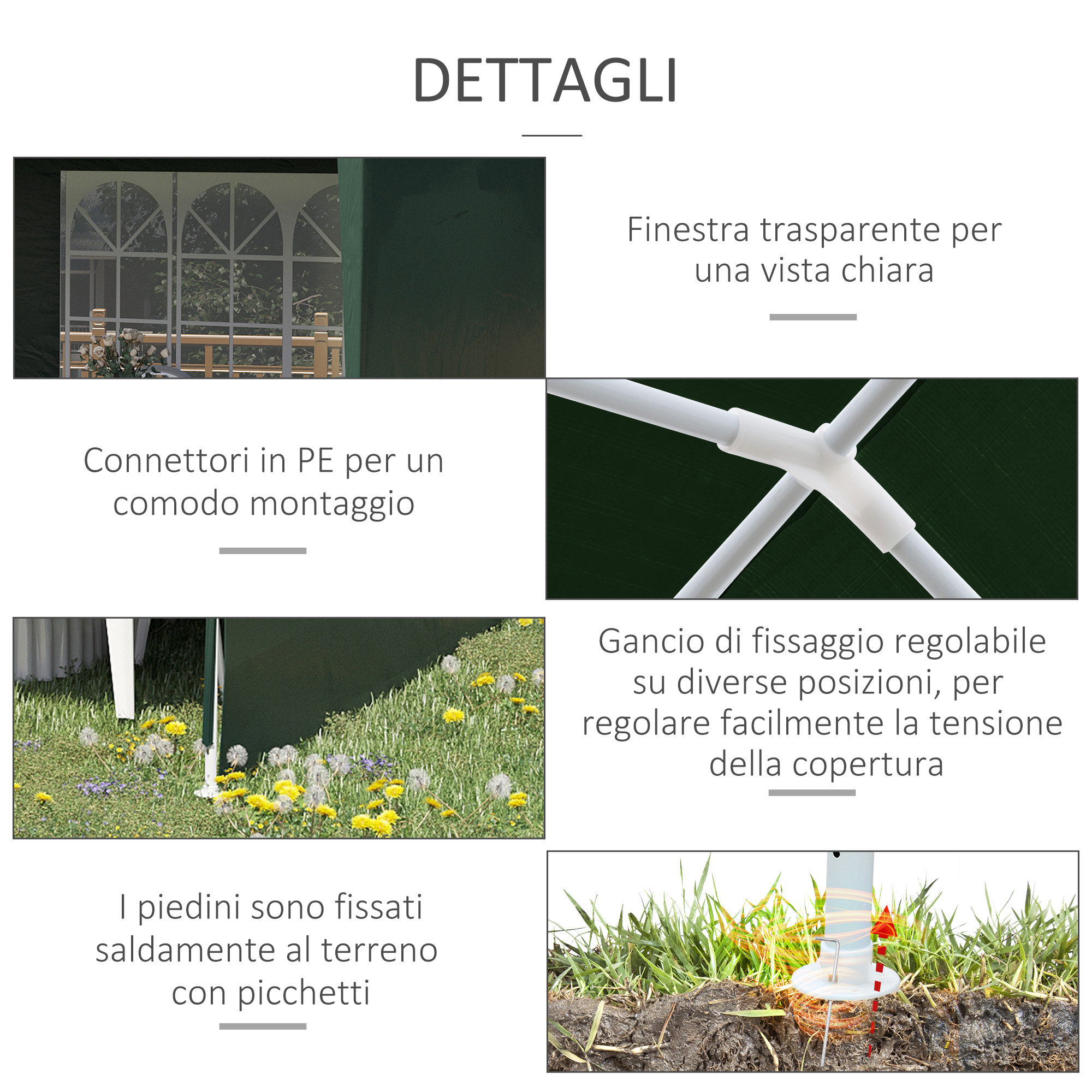 Dettagli di una tenda mostrando finestre, connettori, ganci e picchetti.
