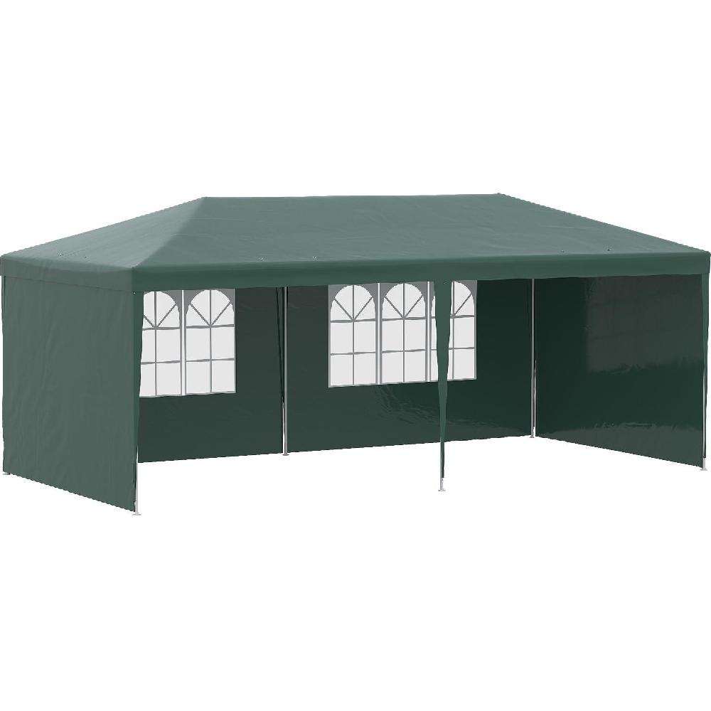 Una tenda verde scuro con finestre su sfondo bianco.