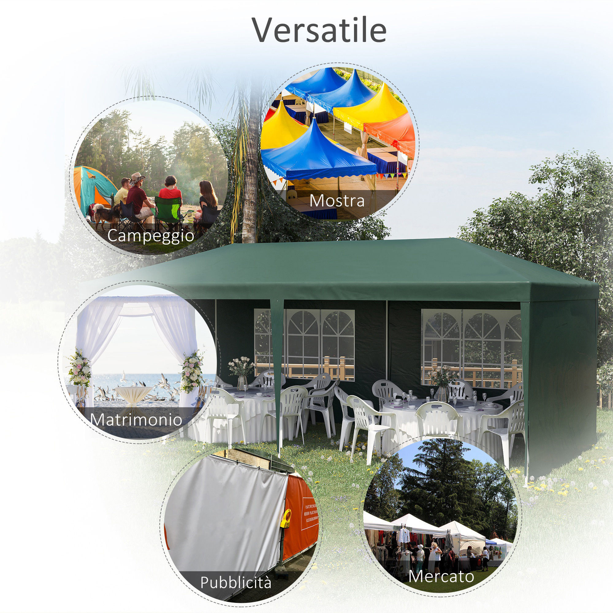 Usi versatili della tenda: campeggio, mostra, matrimonio, mercato, pubblicità.